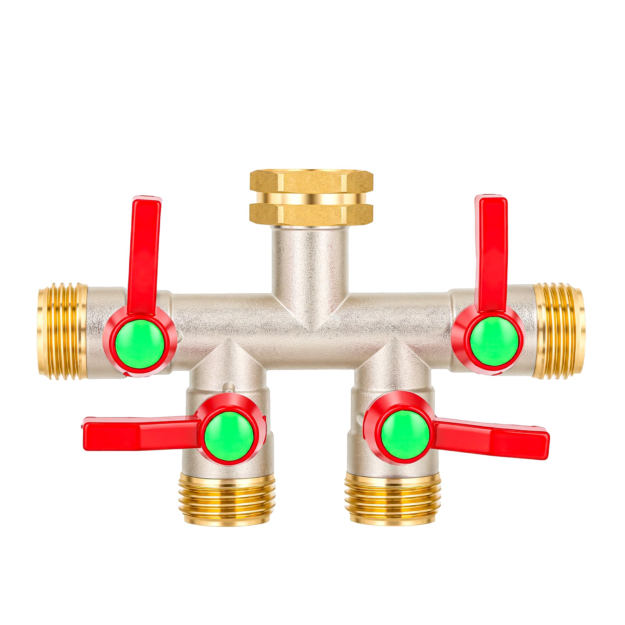 Hose Splitter 4 Way, High Flow Garden Hose Splitter, 3/4” GHT Inlet Brass Heavy Duty Hose Converter, Full Flow Water 4 Way Faucet Hose Splitter, Long Handle Hose Valve Large Outlet.