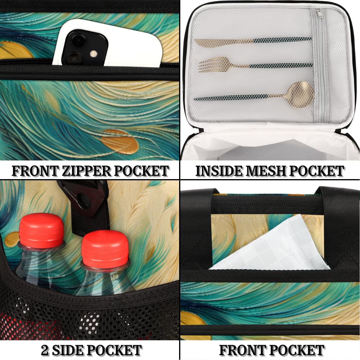 Feather Insulated Picnic Backpack Lunch Box for Women Men Picnic Basket Tote Lunch Bag Picnic Bag Portable Lunch Bags for Picnic, Beach, Work, Trip,Office, Camp Peacock