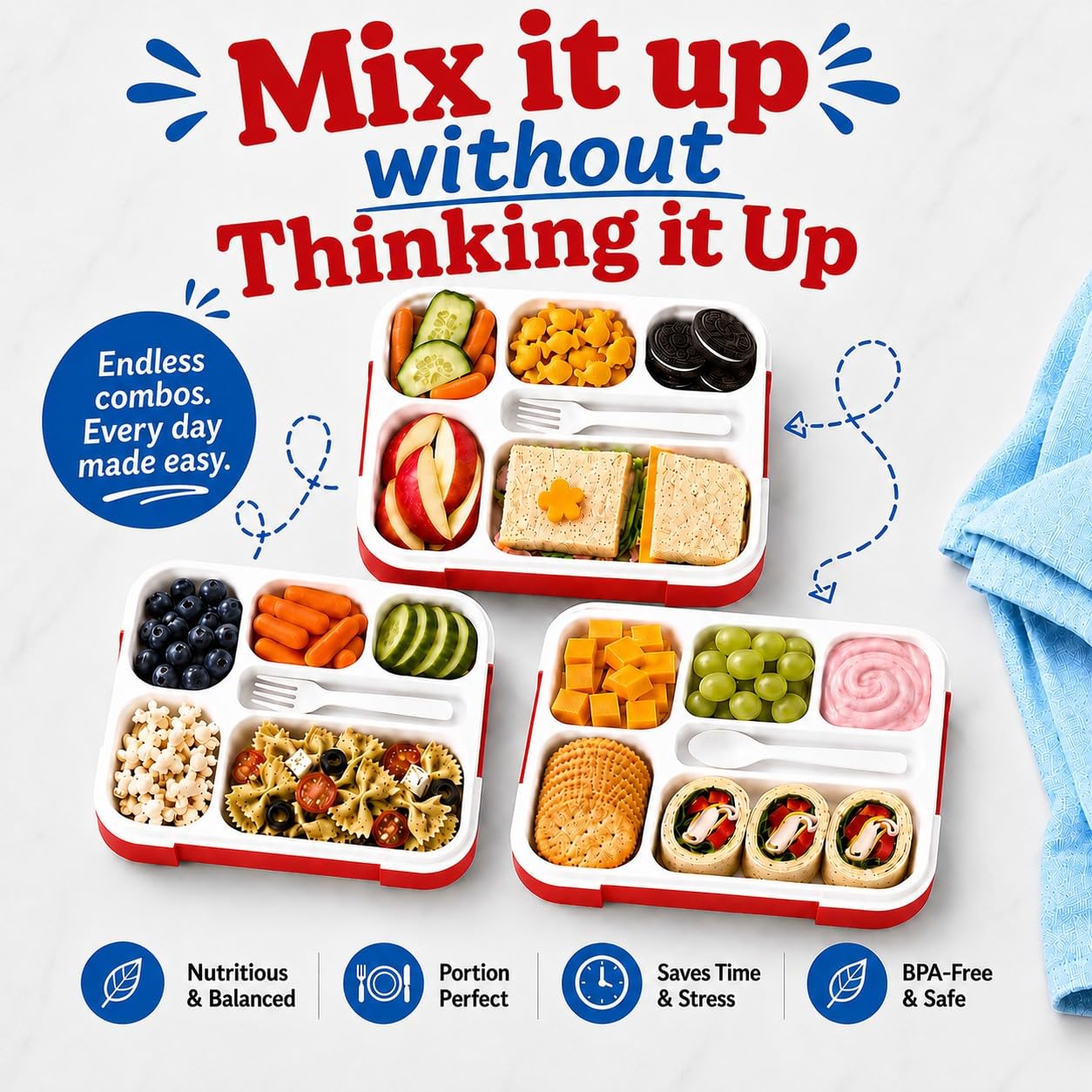Bento Box pudełko na lunch dla dzieci | pojemniki na przekąski dla dzieci | 6-komorowy pojemnik dla dzieci i dziewcząt i dorosłych, w zestawie naczynia | Czerwony