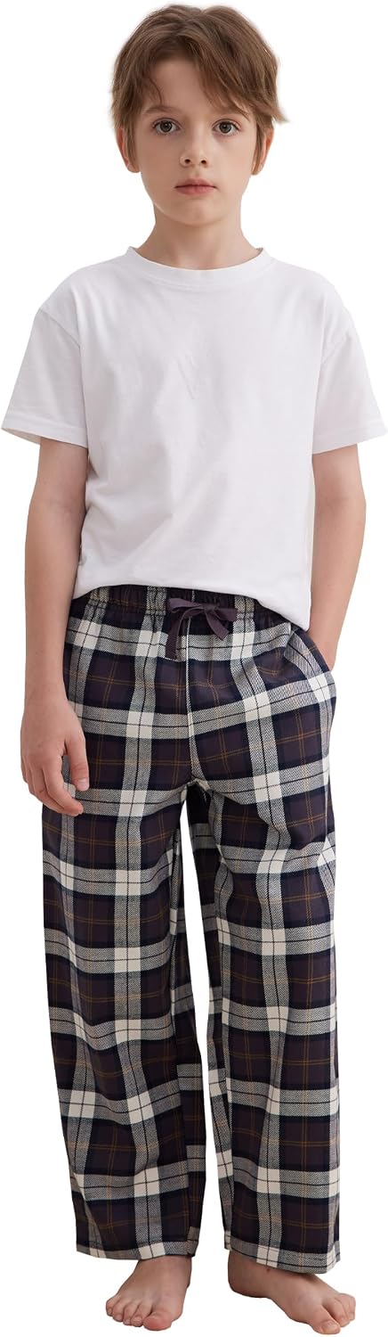 Boys Pajama Pants, Cotton Flannel Plaid Loose Fit Pants With Pockets