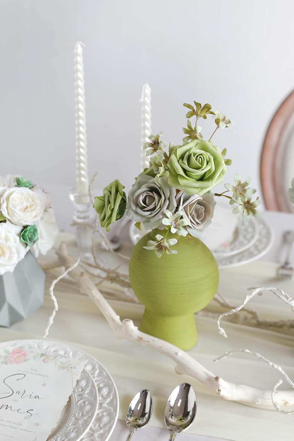 YYHUAWU Artificial Flowers Combo Set Fake Flower Leaf Box with Stems for DIY Wedding Bouquets Centerpieces Arrangements Baby Shower Party Home Decorations (Tiffany Blue & Forest Green)