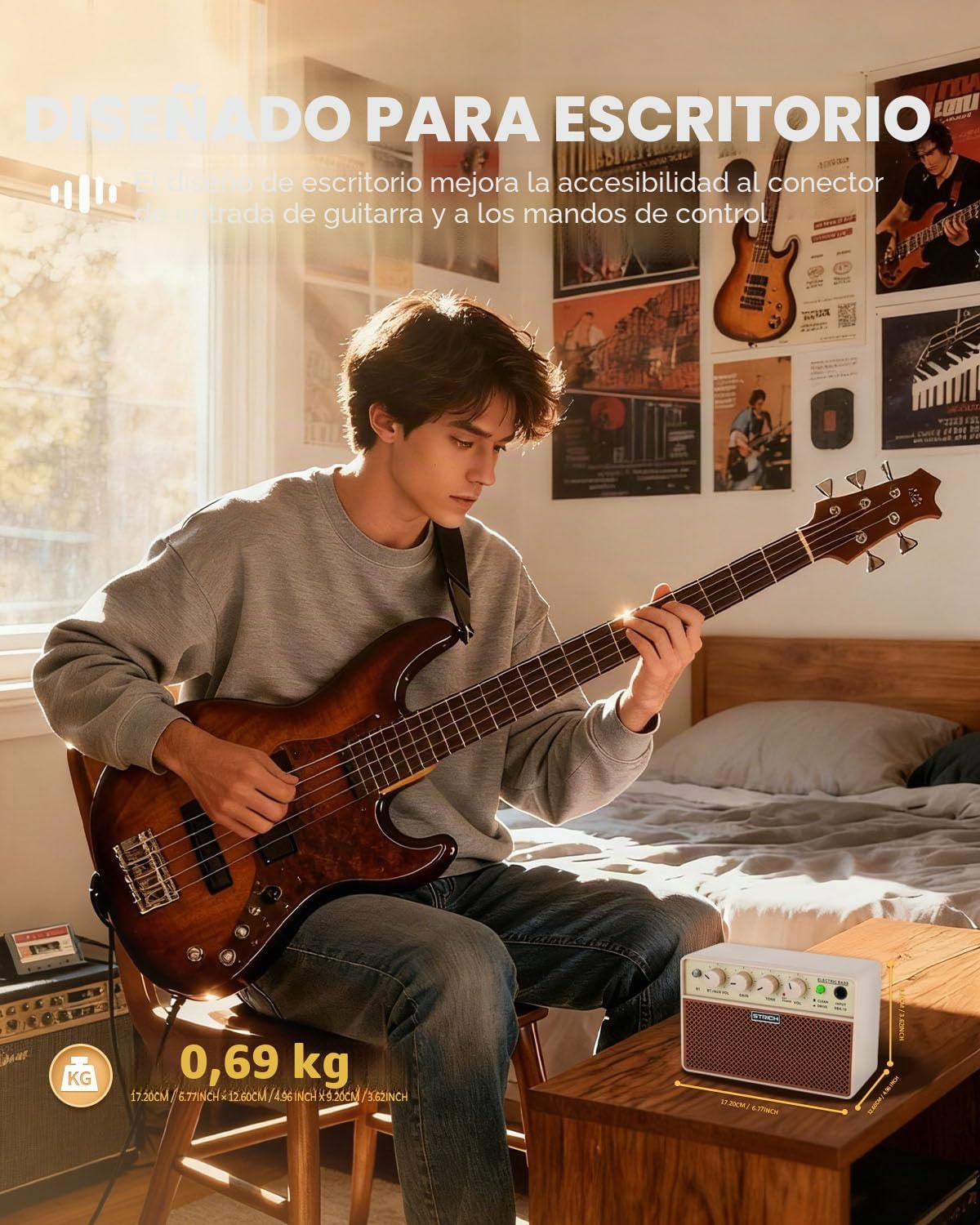STRICH Amplificador Mini de Bajo de 2 x 5 W - Amplificador de práctica para bajo portátil y Recargable con Canales limpios y distortión, Salida de Auriculares de 1/8 para Principiantes, marrón