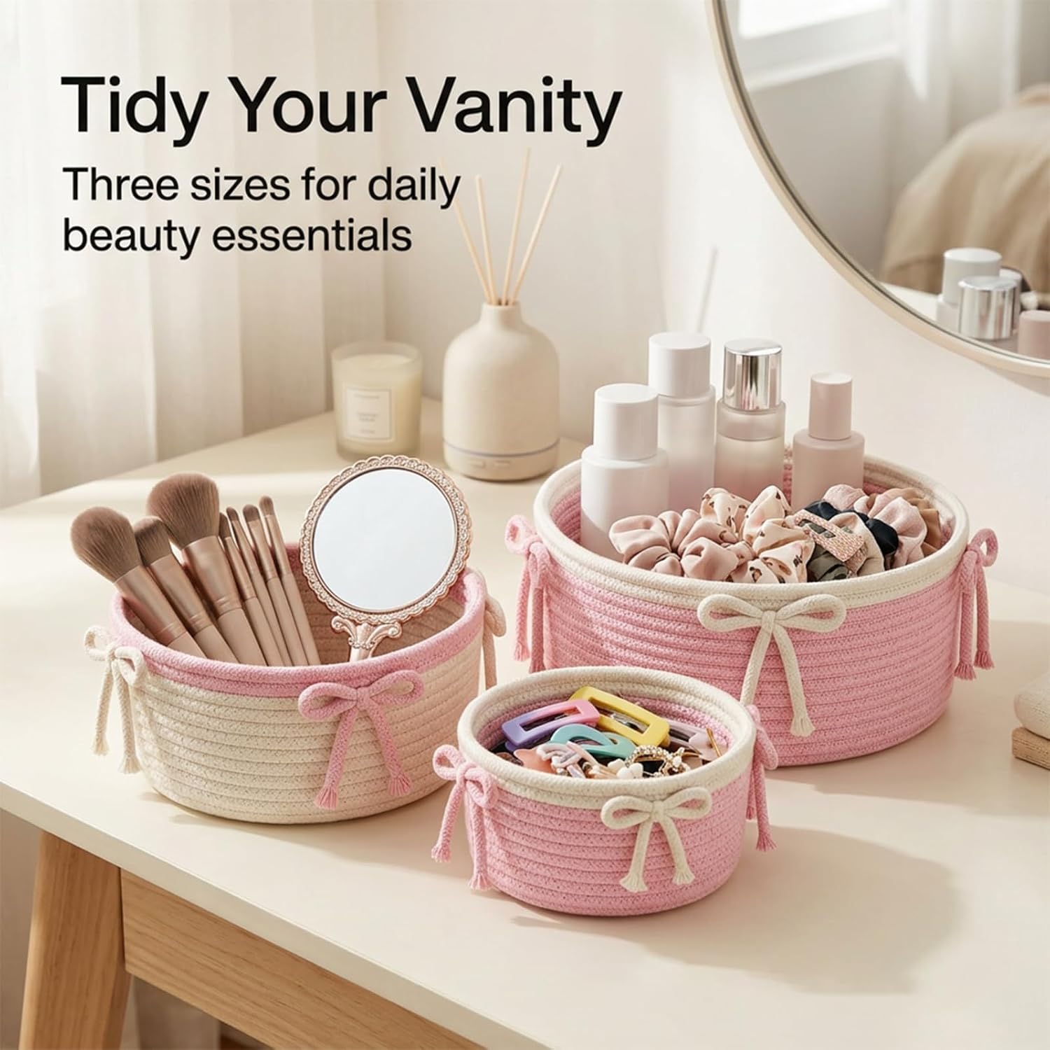 Nihaoya 3Pc White Pink Bow Baskets for Gift Empty,Coquette Rope Storage Bin
