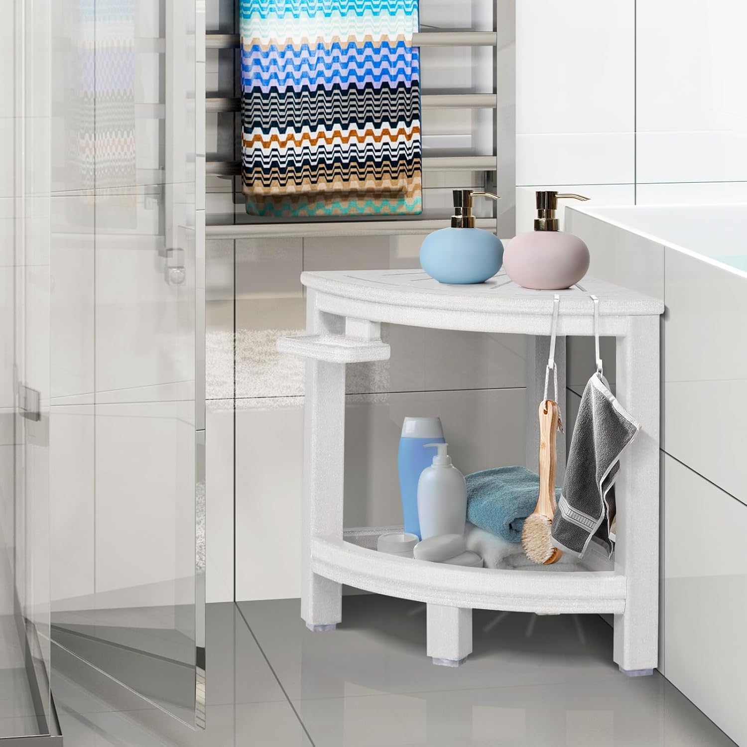 NALONE Sgabello Bagno,Triangolo Sgabello moderno per bagno a due livelli in HDPE, Piedini antiscivolo, Ergonomico e impermeabile, può ospitare oggetti,Ideale per docce spa