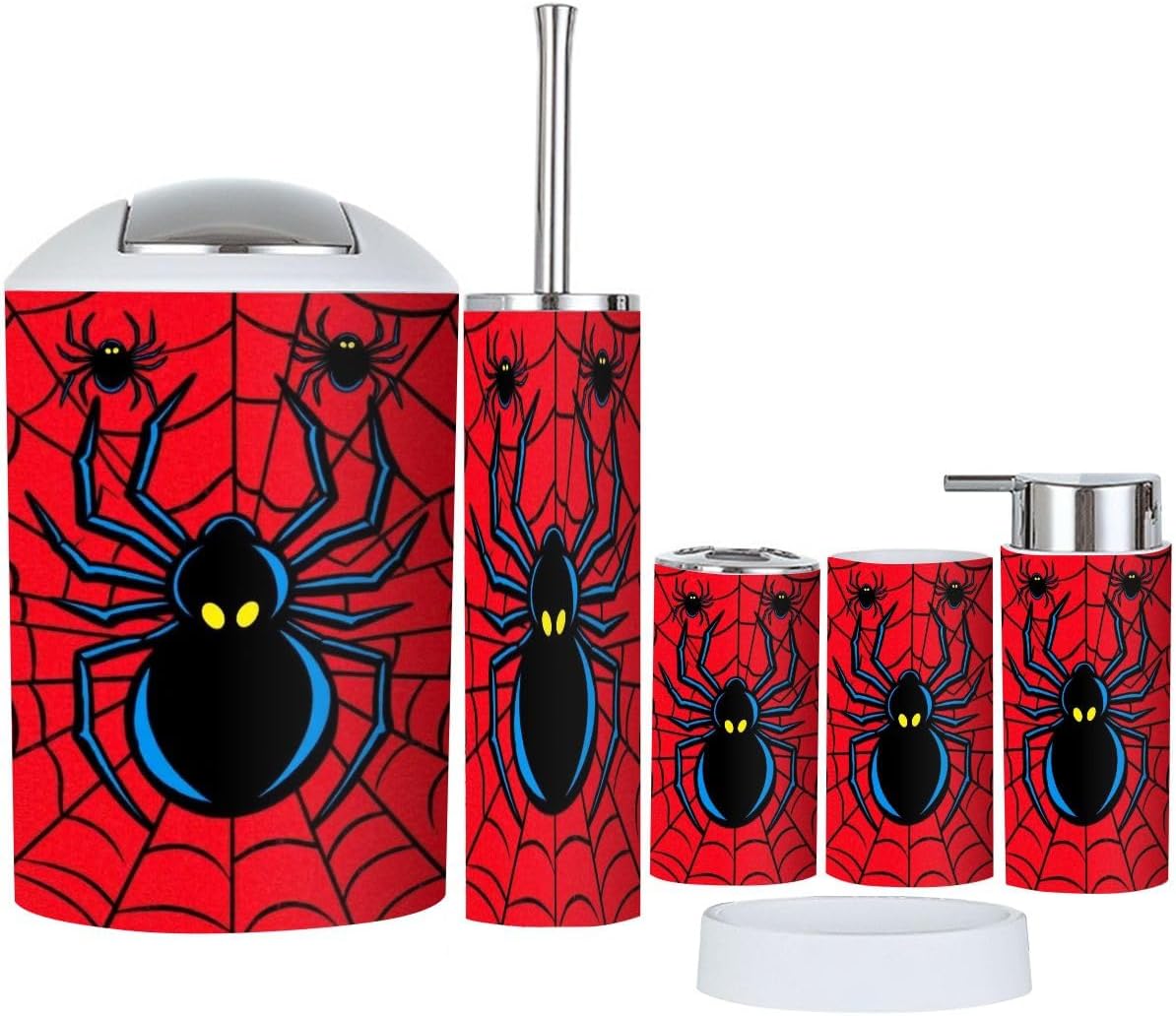 Bathroom Accessories Set 6 Pcs Red Large Central Two Smaller Spiders Red Web Toothbrush Holder Cup Soap Dispenser Soap Dish Toilet Brush Holder Trash Can for Countertop Decor