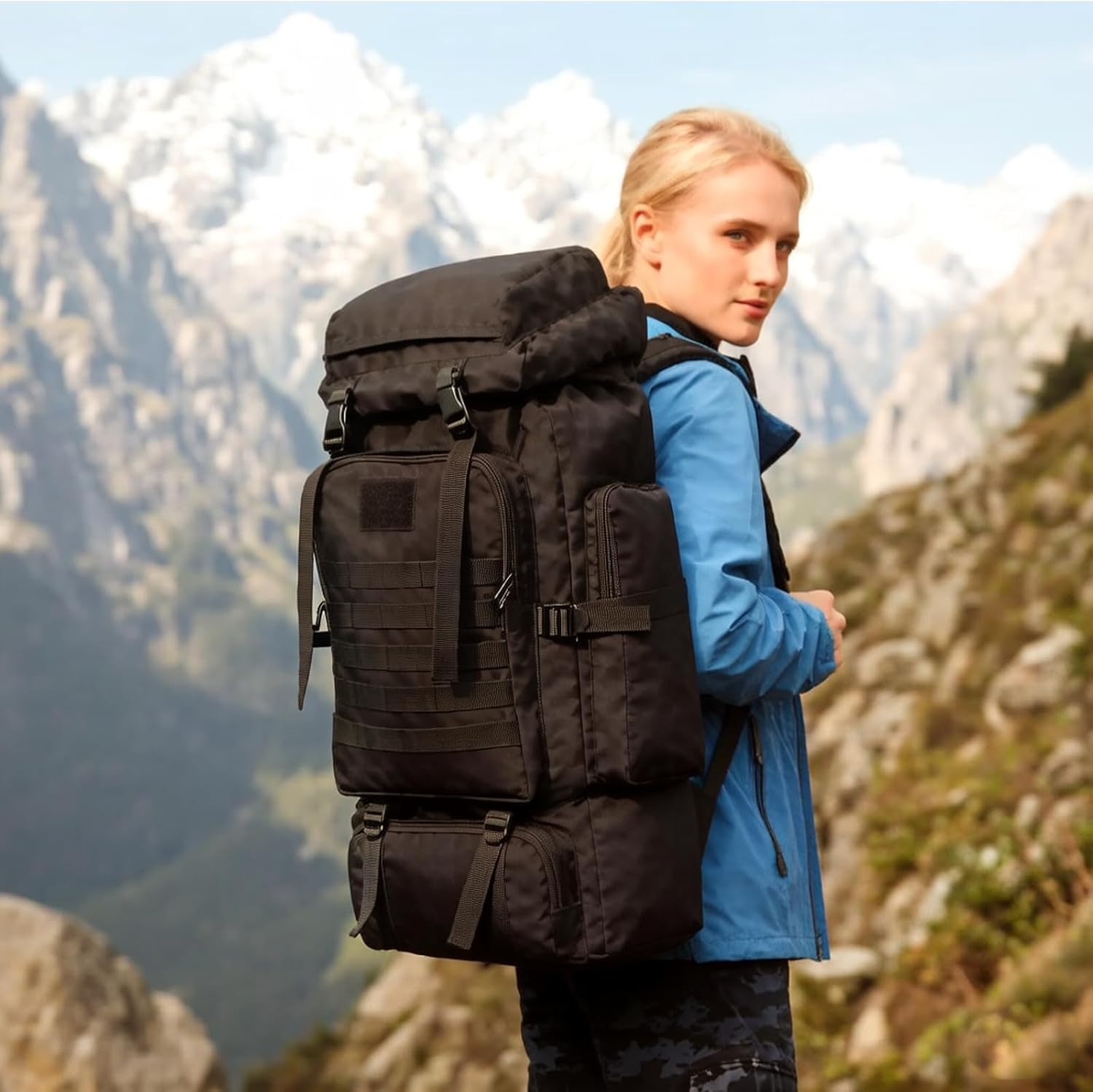 80L Camping Hiking Backpack,Molle Military Tactical Rucksack Backpack,Waterproof Lightweight Hiking Backpack for Outdoor (Black, 80L)