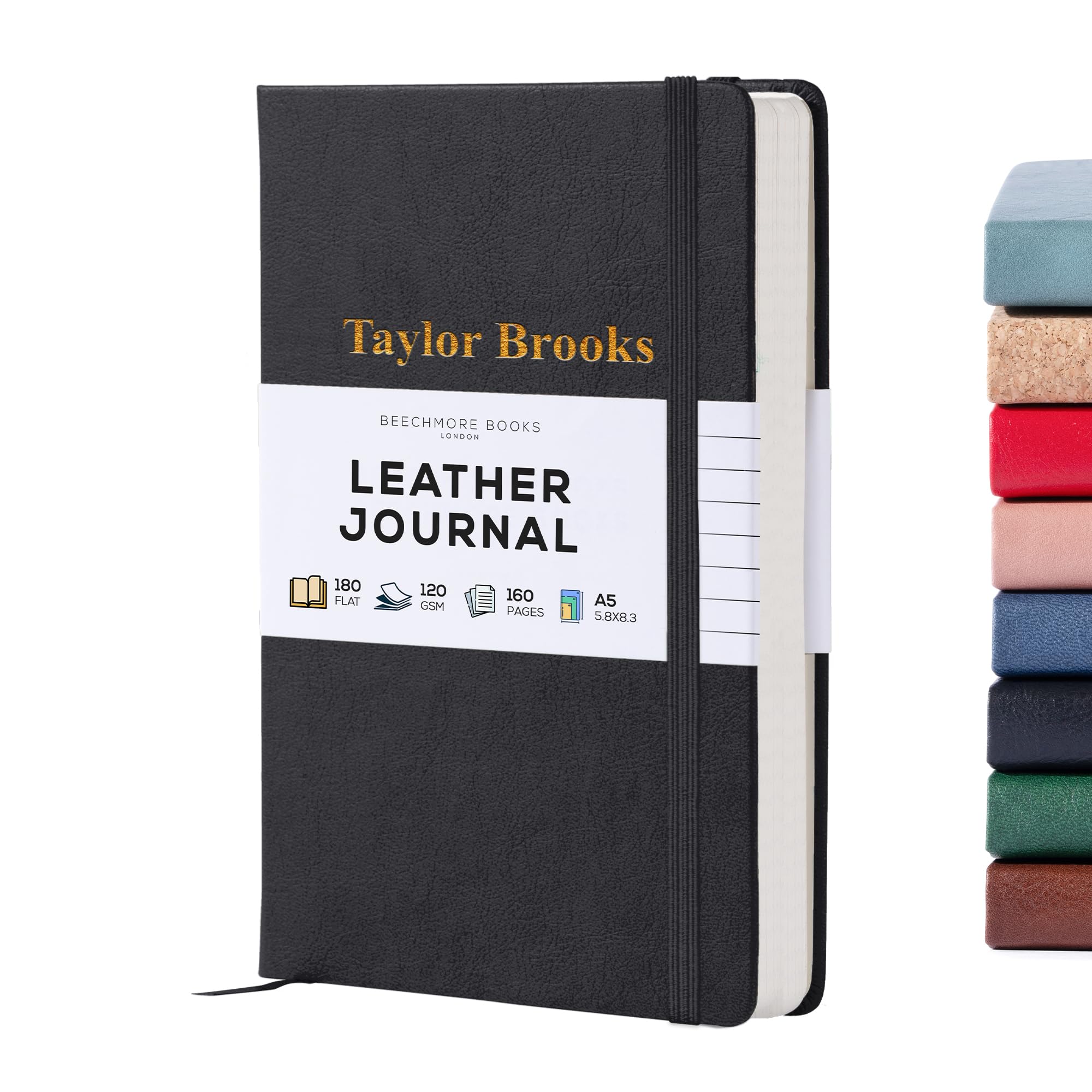 Beechmore Books Personalized Journal - A5 Black | Customized Vegan Leather Hardcover Personal Journal | Thick 120gsm Lined Paper | Your Message on Book Cover | Gift Box