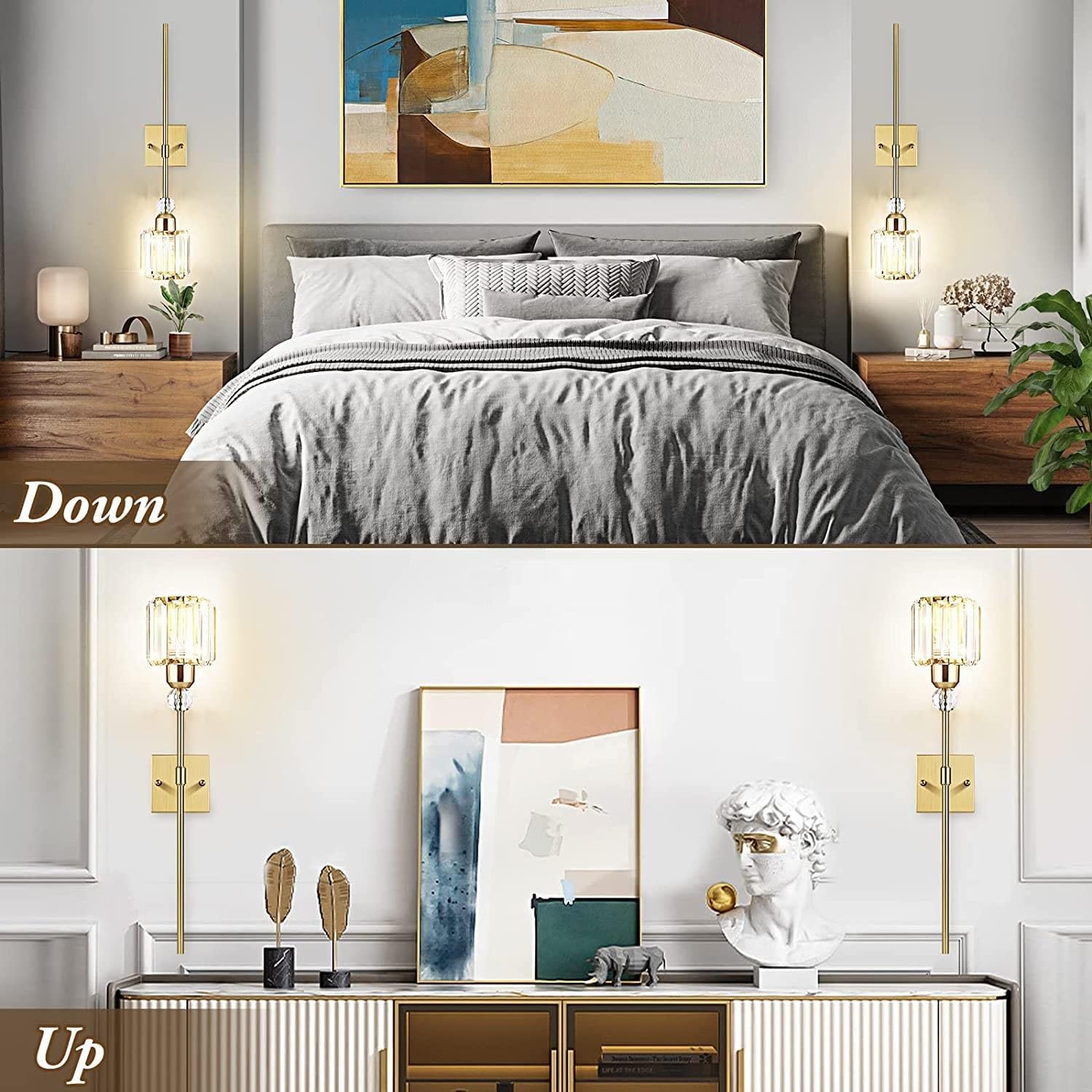 Modern Gold Wall Sconces Lighting Battery Operated set of 2,No wiring Rechargeable Wall Lights Fixture with Wireless Remote,Clear Glass Long Wall Lamp for Bedroom Bathroom Living Room Vanity Light