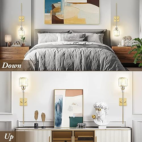 Juego de 2 apliques de pared dorados modernos que funcionan con pilas, sin cableado, recargable, con control remoto inalámbrico, lámpara de pared
