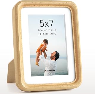 Axeman 5x7 Picture Frame Natural Beech Solid Wood Photo Frame from CA-USA with Tempered Glass, Handcrafted 5x7 Wooden Frame Matted to 4x6 with Smooth Rounded Corners, Tabletop or Wall Mount Display