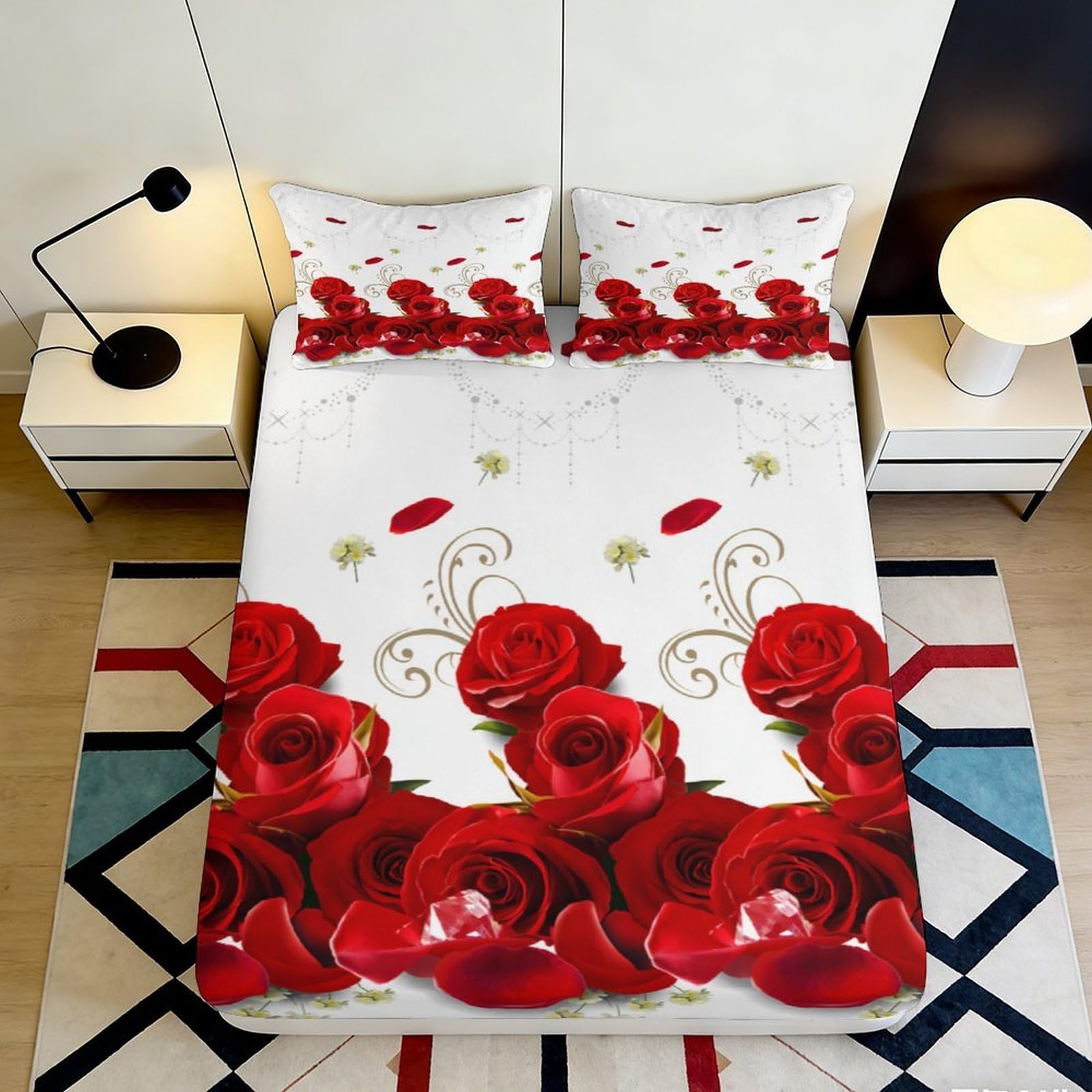 3D Printed Red Rose Floral Fitted Sheet Microfiber Soft Non Slip Romantic Petals Bed Cover for Bedroom Guest Room Mattress Protection 90x200x25cm