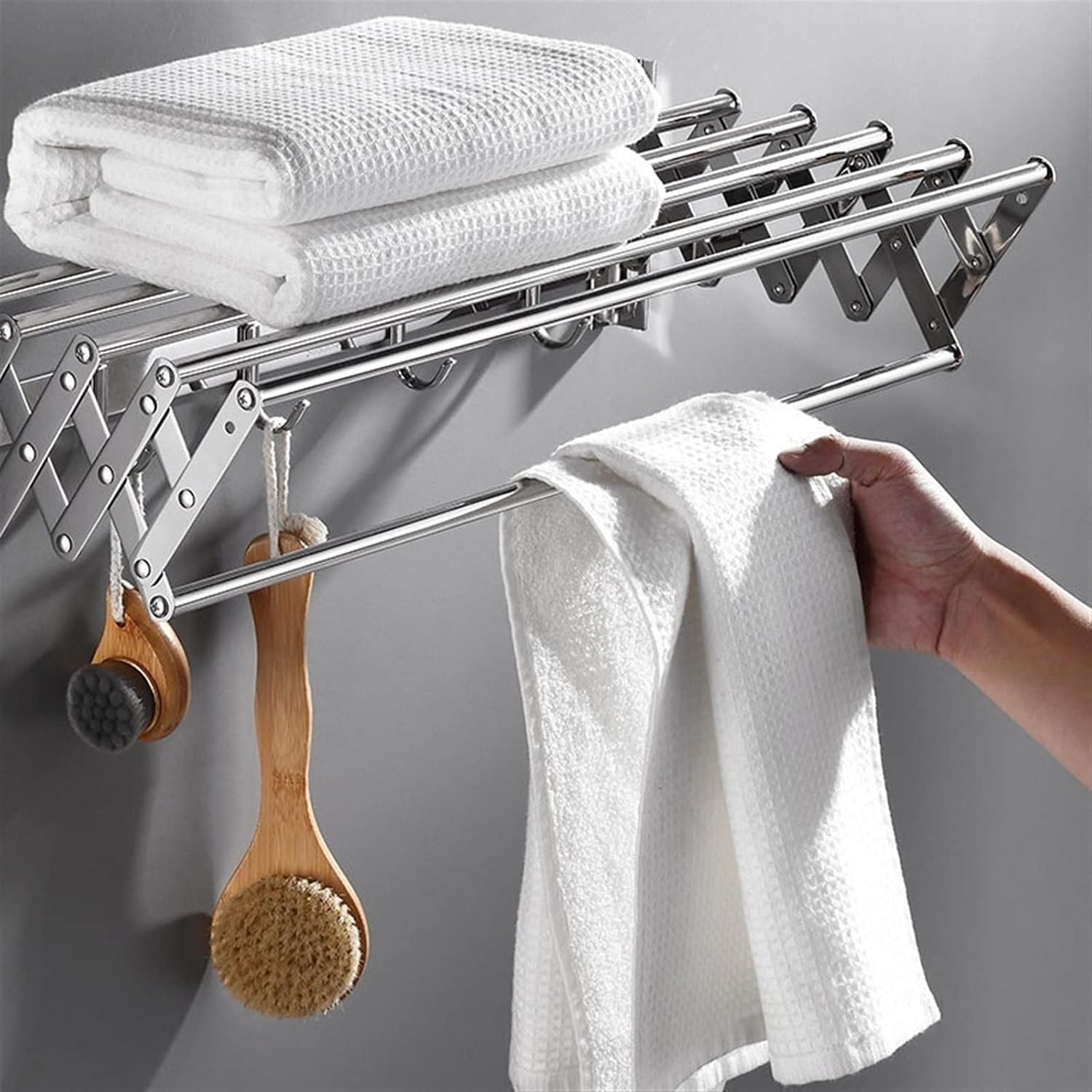 This Wall Mounted Folding Clothes Horse Dryer Rack - Extendible Retractable Laundry Drying Rack Clothes Airers Washing Line Indoor Towel Hooks,100cm