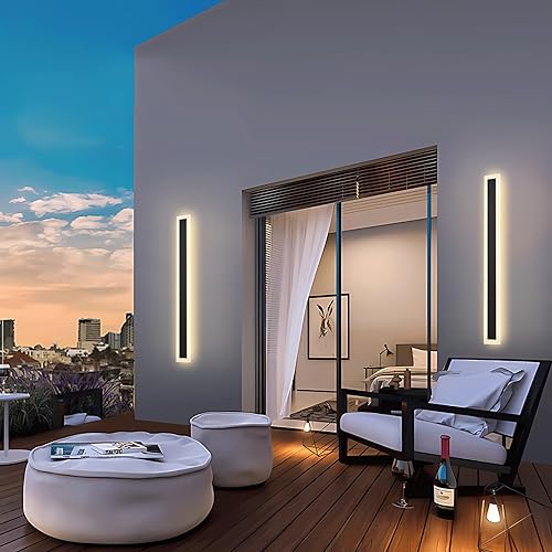 Paquete de 2 luces de pared largas para exteriores, lámpara regulable lineal negra, lámpara LED de pared exterior, lámpara de pared impermeable Ip65