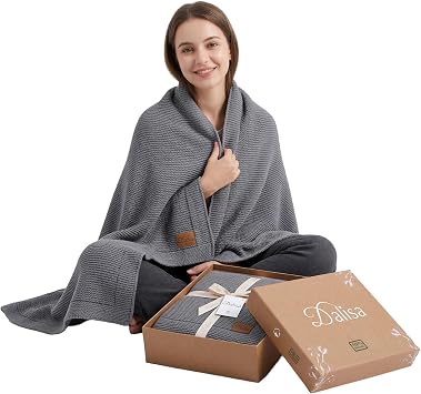 Dalisa 100% Organic Cotton Knitted Blanket   GOTS Certified, Boho Vintage Style Anthracite, 130x150 cm in Sofa, Bed and Home Decoration with its Lightweight, Breathable and Comfortable Structure