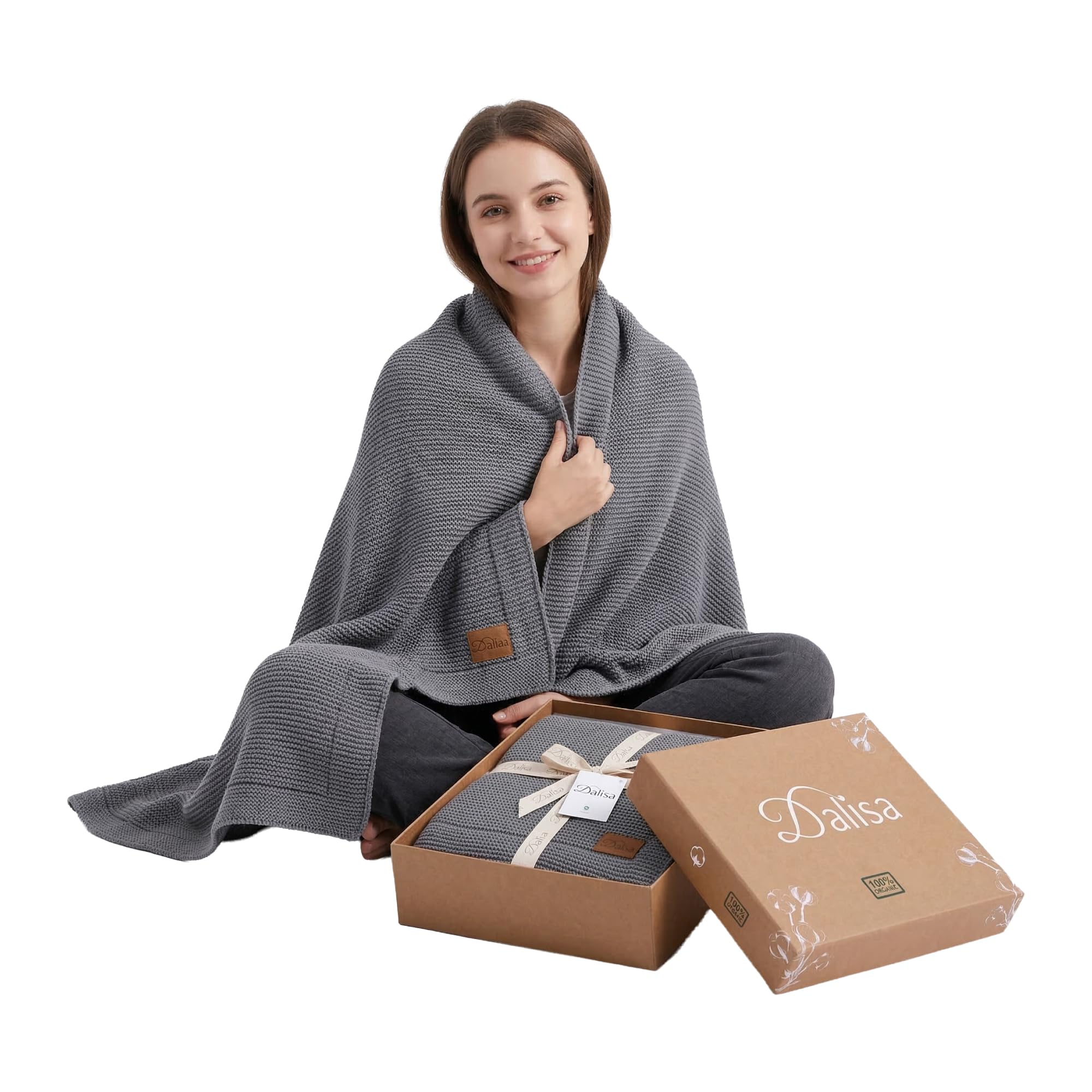 Dalisa Organic Turkish Cotton Throw Blanket 130 x 150 cm, Dark Grey – GOTS Certified, Soft Knit for Sofa & Bed, Boho Vintage Design, Machine Washable