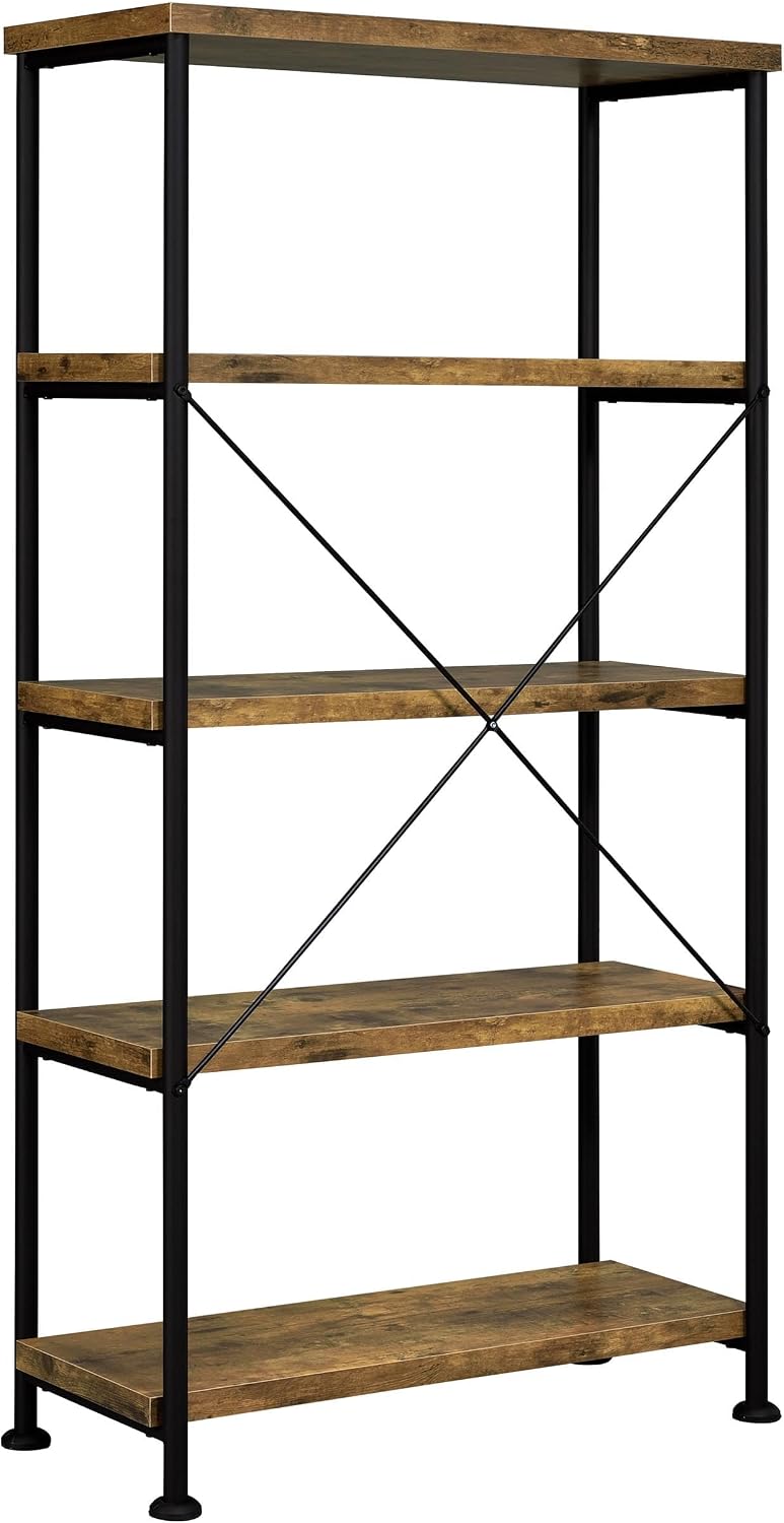 Pemberly Row 4 Shelf Wood and Metal Bookcase, Antique Nutmeg Finish, 63 in H x 31.5 in W x 14.25 in D, Vertical Bookshelves, Sturdy Storage for Home or Office Use