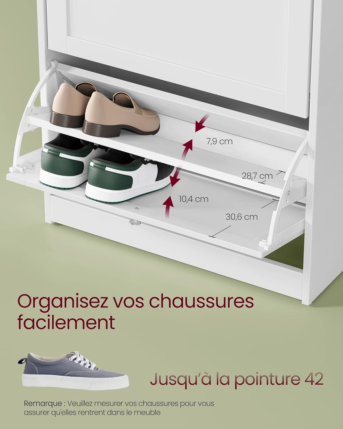 Illustration showing how shoes up to size 42 fit within the tilt-out compartments.