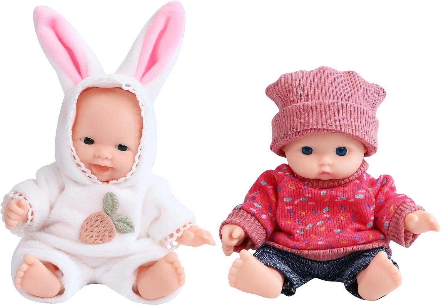 OneMiniWorld 2 Sets 5-Inch Cute Mini Dolls with Handmade Animal Pajama Clothes - Posable, Removable Outfits for Kids