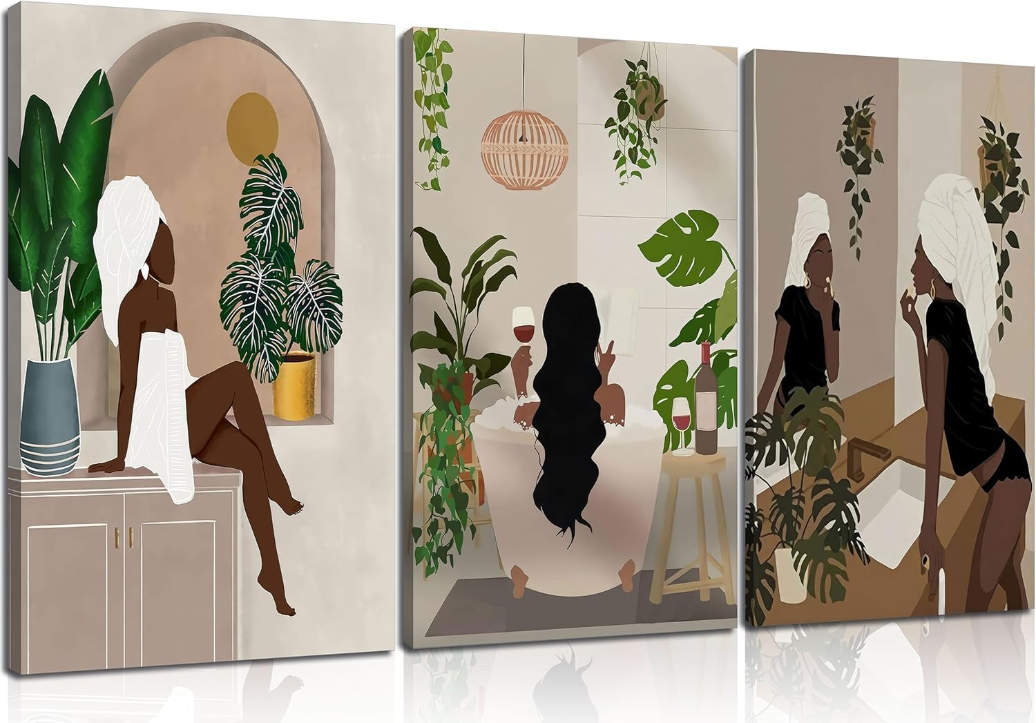 lianyibo 3Pcs Black Girl Bathroom Wall Art Boho Black Woman Posters Canvas Prints Fashion Abstract Paintings Living Room Decor(50x70cmx3/Frameless)