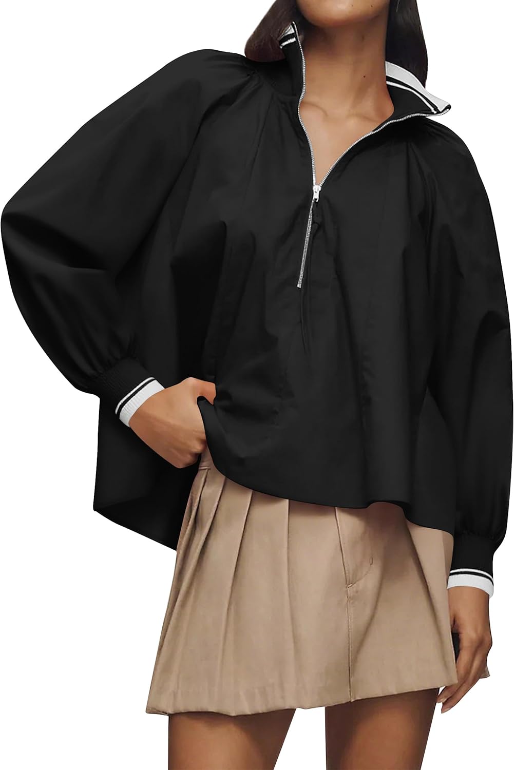 Women Half Zip Puff Sleeve Sporty Henley Blouse Dressy Casual Loose Fit Swing Tops Tunic Shirt