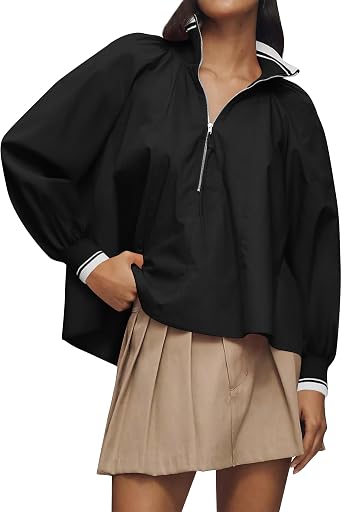 Dsewpaur Women Half Zip Puff Sleeve Sporty Henley Blouse Dressy Casual Loose Fit Swing Tops Tunic Shirt
