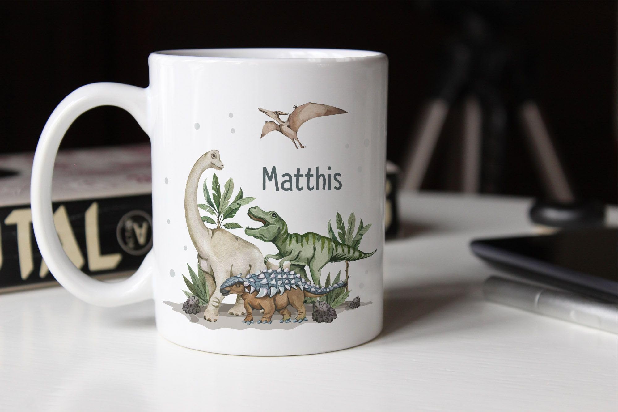 Personalisiert Dino Tasse Für Kinder - 330 Ml, Keramik, Spülmaschinenfest, Mit Name