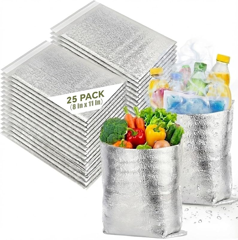 Paquete de 25 bolsas de envío pequeñas con aislamiento, bolsas térmicas de 8 x 11 pulgadas | Bolsas térmicas compactas de EPE de 3 mm con cierre autosellante de una sola vez para artículos fríos o calientes envasados