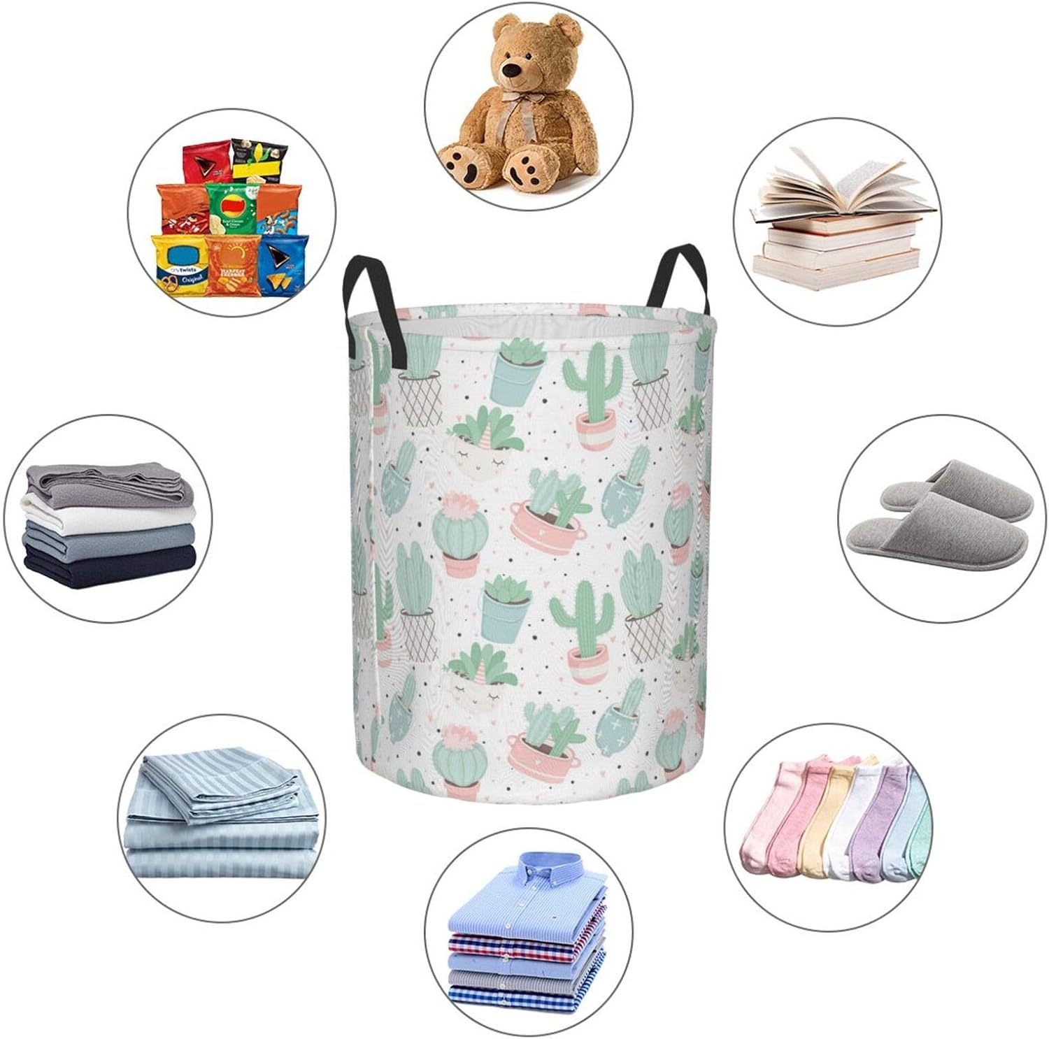 Cute Cacti Succulents Pattern Collapsible Laundry Basket with Handle Waterproof Fabric Hamper Laundry Storage Baskets Organizer Large Bins for Dirty Clothes,toys,Bathroom