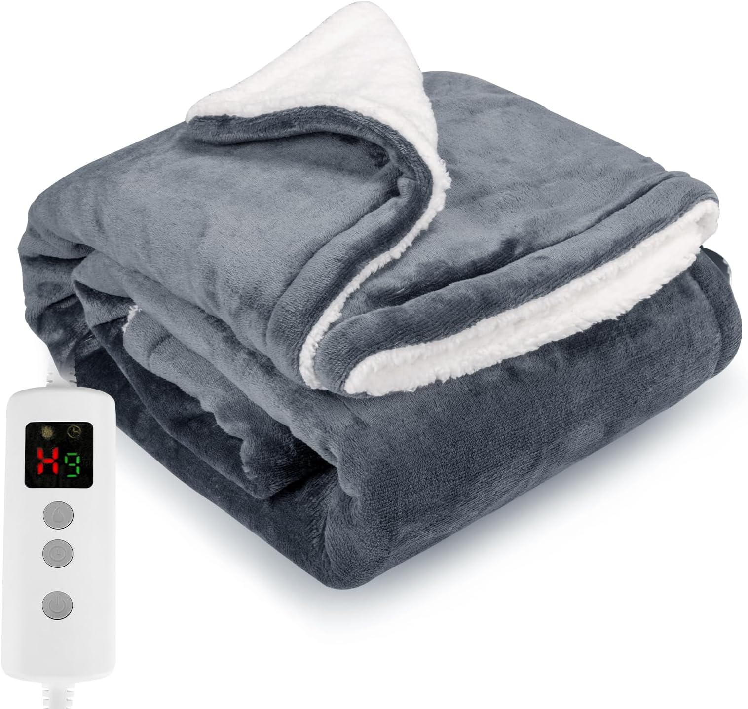 PROALLER Electric Blanket 160 x 130 cm with Automatic Shut-Off 10 Levels and 1-9 Hour Timer with Automatic Shut-Off Machine Washable Soft Flannel Sherpa Electric Blanket
