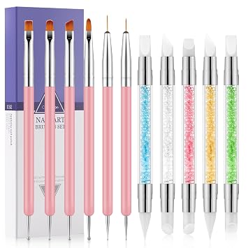 11PCS Nail Art Brushes & Nail Dotting Tools,Double Ended Tipped Silicone Nail Tools,Gel Polish Brush,Liner Brush,Dotting Pen for Home Salon DIY Kit Pink