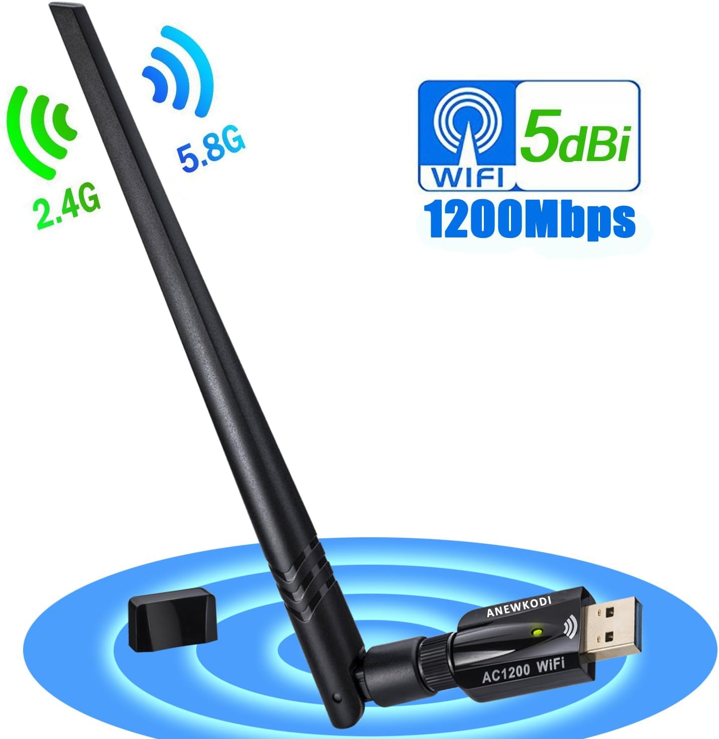 ANEWKODI USB WiFi Adapter for PC 1200Mbps USB 3.0 Dual Band 2.4G/5G 802.11AC Wireless Network Adapter with 5dBi High Gain Antenna for Desktop Laptop PC, Supports Windows 10/8/7/Vista/Mac