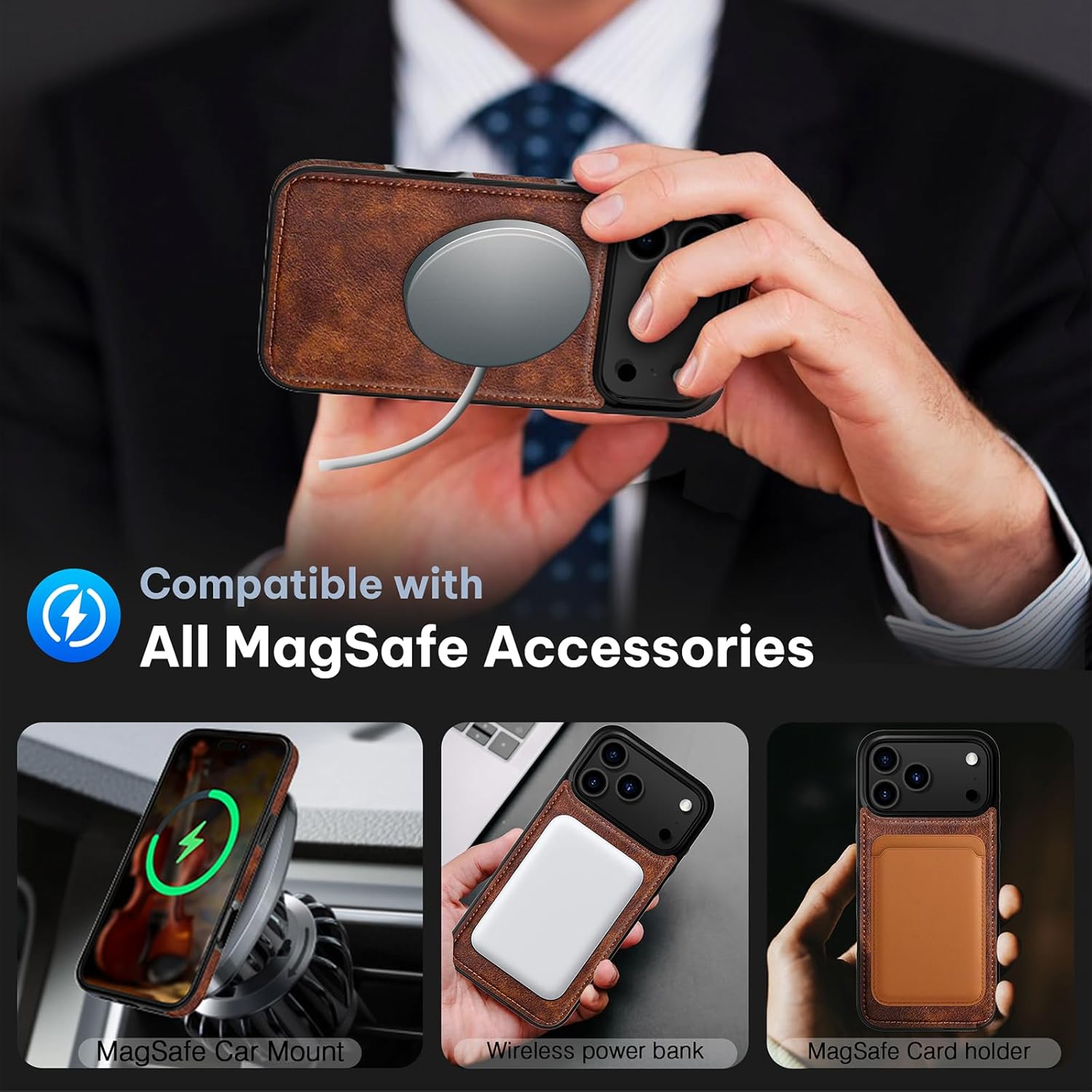 LOHASIC for iPhone 17 Pro Leather Case Compatible with MagSafe, Slim Luxury PU Non-Slip Grip Rugged Bumper Shockproof Protective Cover Phone Case for iPhone 17 Pro 6.3" 2025 - Brown - Image 3