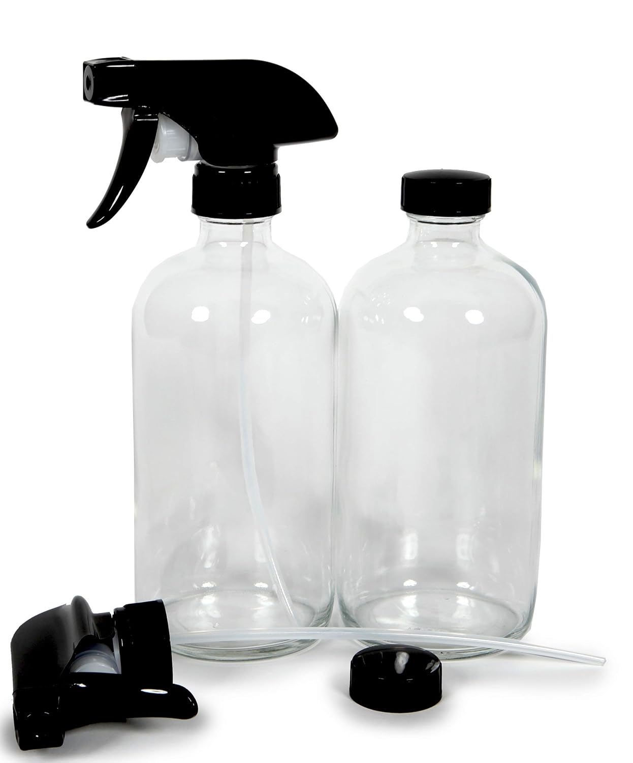 Vivaplex, 2, Large, 16 oz, Empty, Clear, Glass Spray Bottles with Black Trigger Sprayers and lids