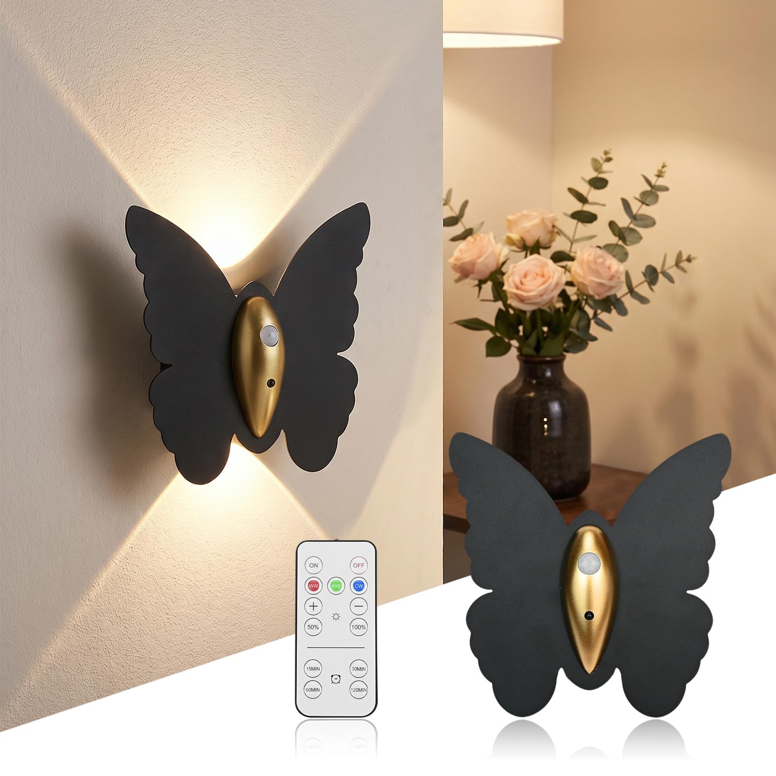 LED Wall Light - Indoor Butterfly Decorative Light, Rechargeable Motion Sensor Night Lamp, 3 Modes Continuously Dimmable, USB Magnetic Wall Sconces with Remote Control and Time, Bedroom Lights