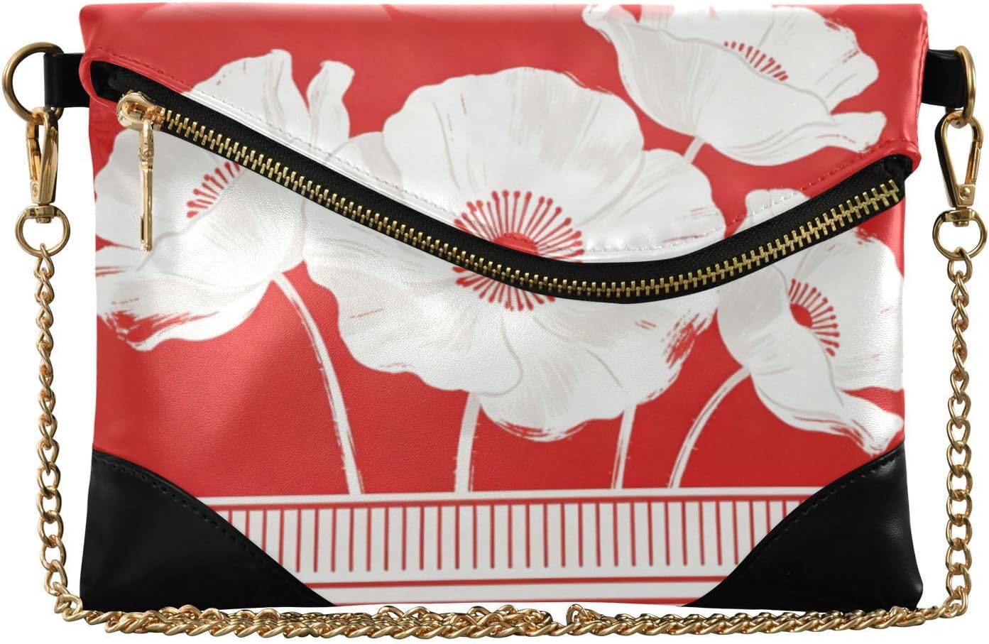 PU Leather Clutch Handbags for Women Elegant Crossbody Bags for Wedding Red White Poppies Abstract Patterns