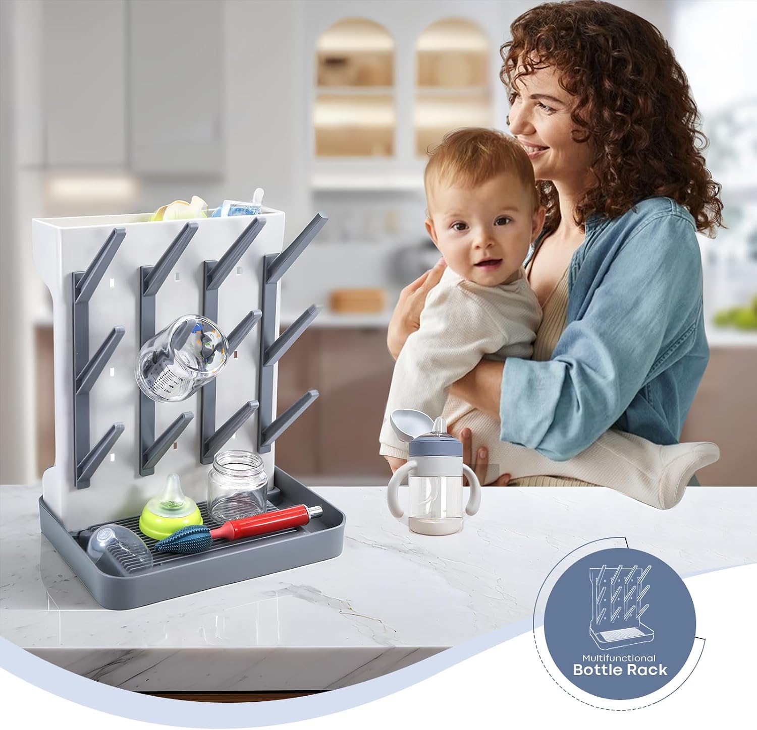 MeCids Baby Bottle Drying Rack, Vertical Standing Bottle Dryer Rack Holder, Space Saving Baby Bottle Drying Rack for Countertop - Holds Up to 12 Baby Bottles (Gray)