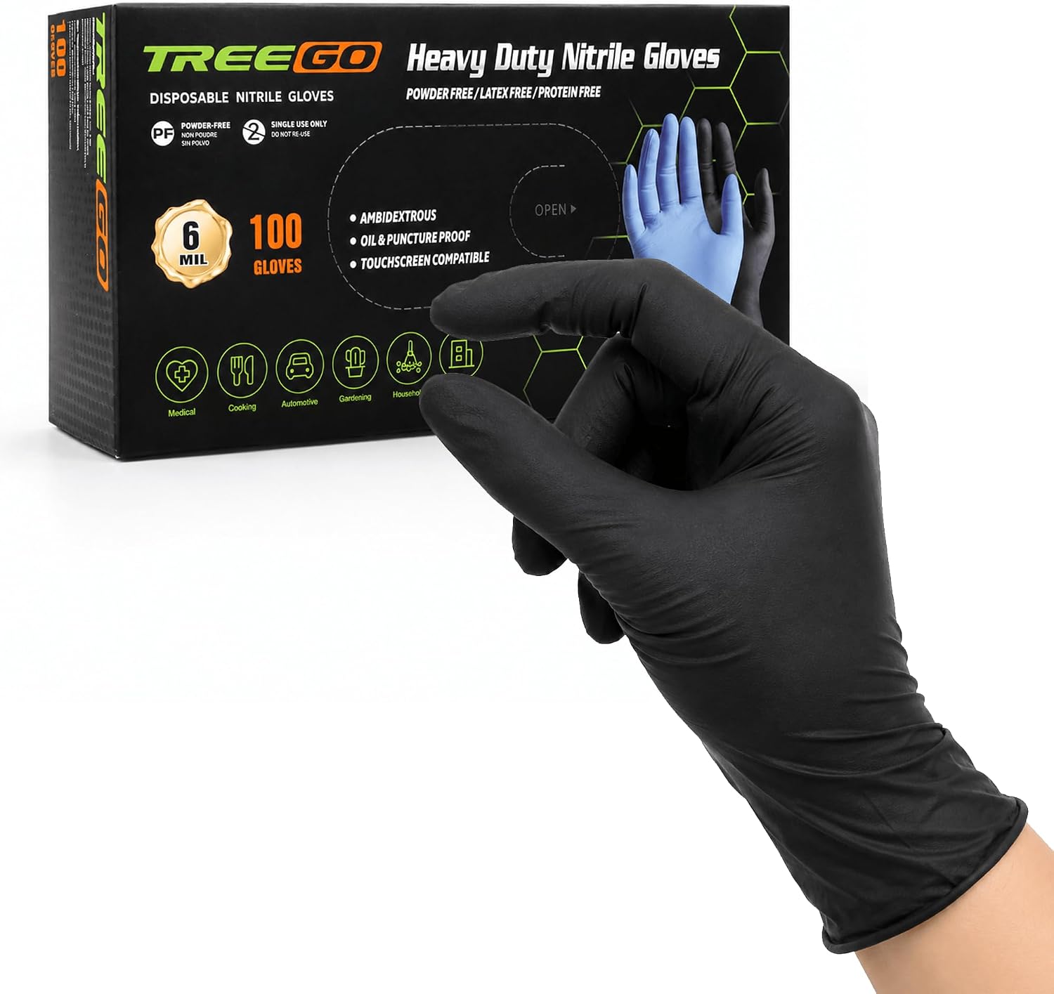 TREEGO 6 Mil Black Nitrile Exam Gloves Small, Heavy Duty Disposable Latex & Powder Free, Chemical Resistant, Textured Grip for Cooking, Mechanic - 100 Count