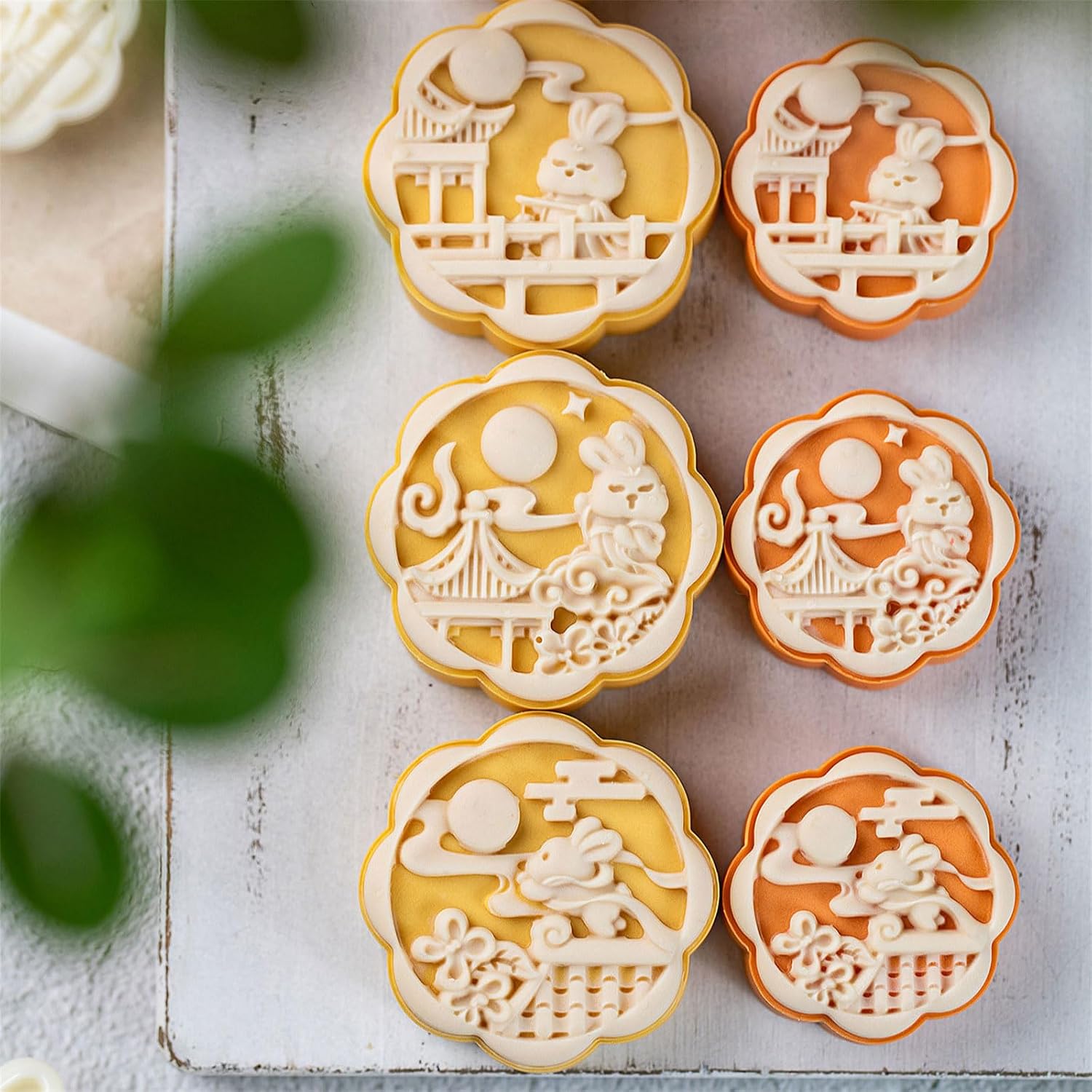 Mooncake Molds,4 Stamps Cake Molds Set with Flying Rabbits Design for Middle Autumn Festival Baking Kitchen Tool