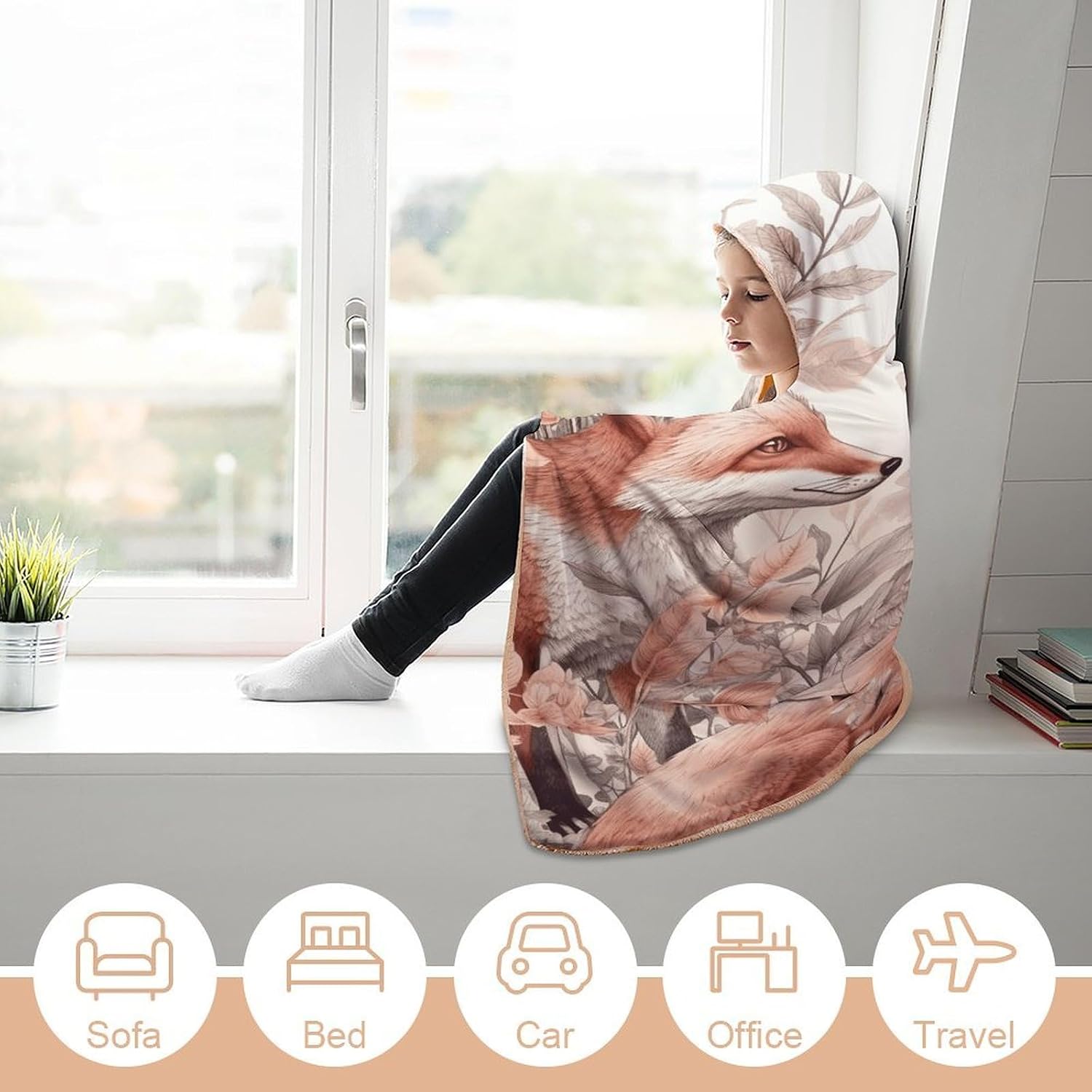 Fox And Plants Hooded Blanket Cozy And Functional,Wearable Blanket Hoodie for Women Men,Blanket Poncho Presents50 x60
