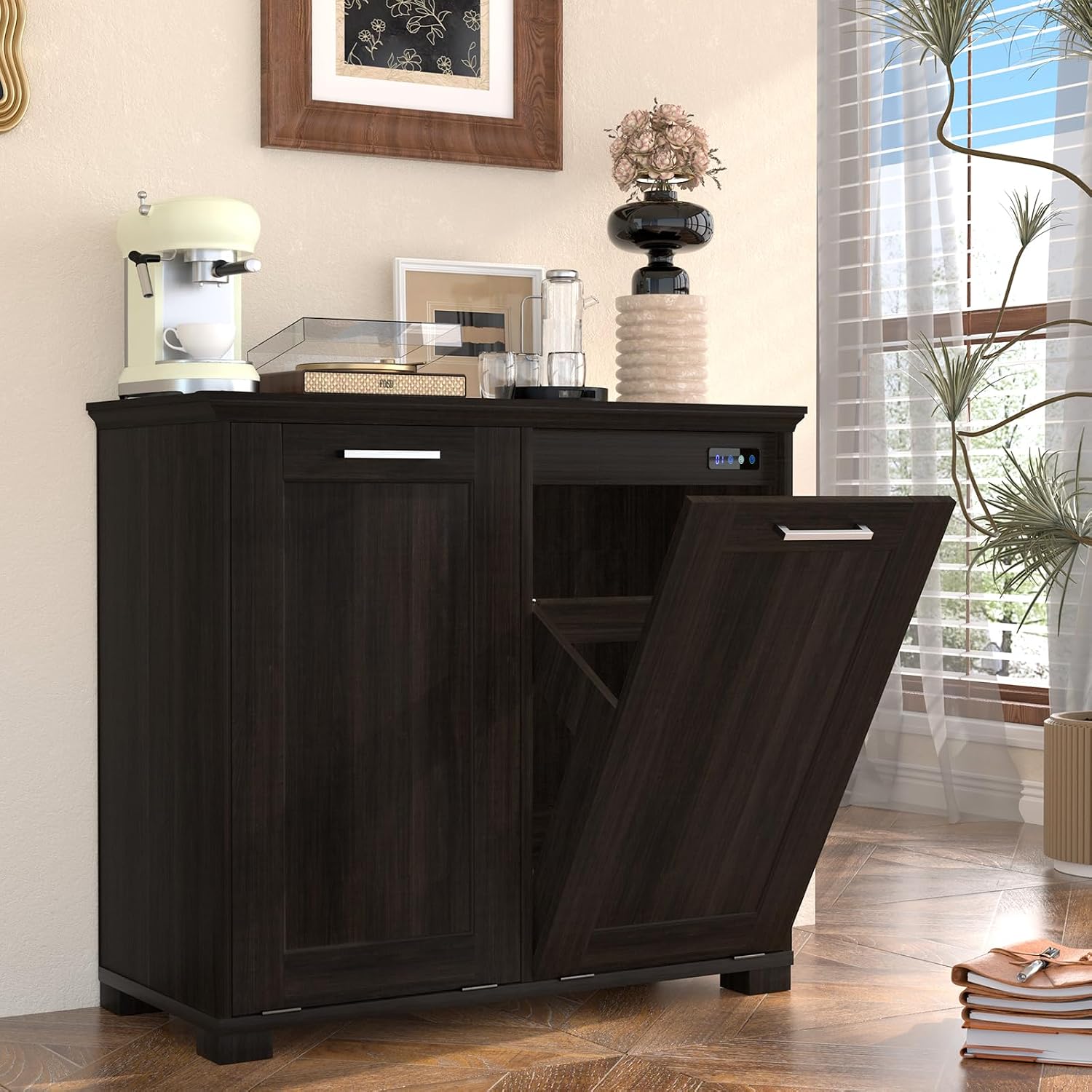 Ymise Tilt Out Trash Can Cabinet, Wooden Trash Cabinet with Deodorising Function, 20 Gallons Freestanding Dog-Proof Garbage Bin Cabinet for Home, Kitchen and Living Room, Dark Brown