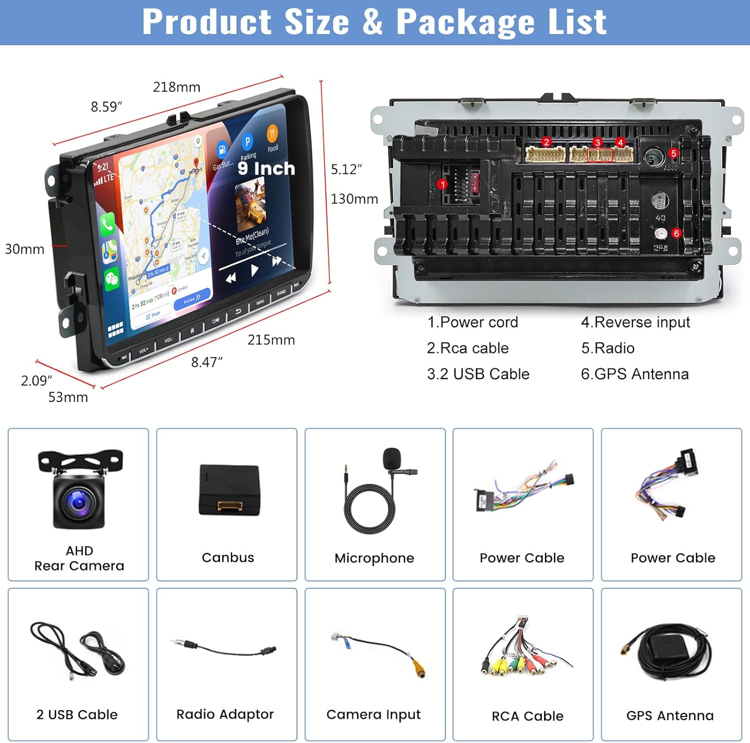Diagram showing the dimensions of the 9-inch car radio and a list of included accessories: AHD Rear Camera, Canbus, Microphone, Power Cables, 2 USB Cables, Radio Adaptor, Camera Input, RCA Cable, GPS Antenna.