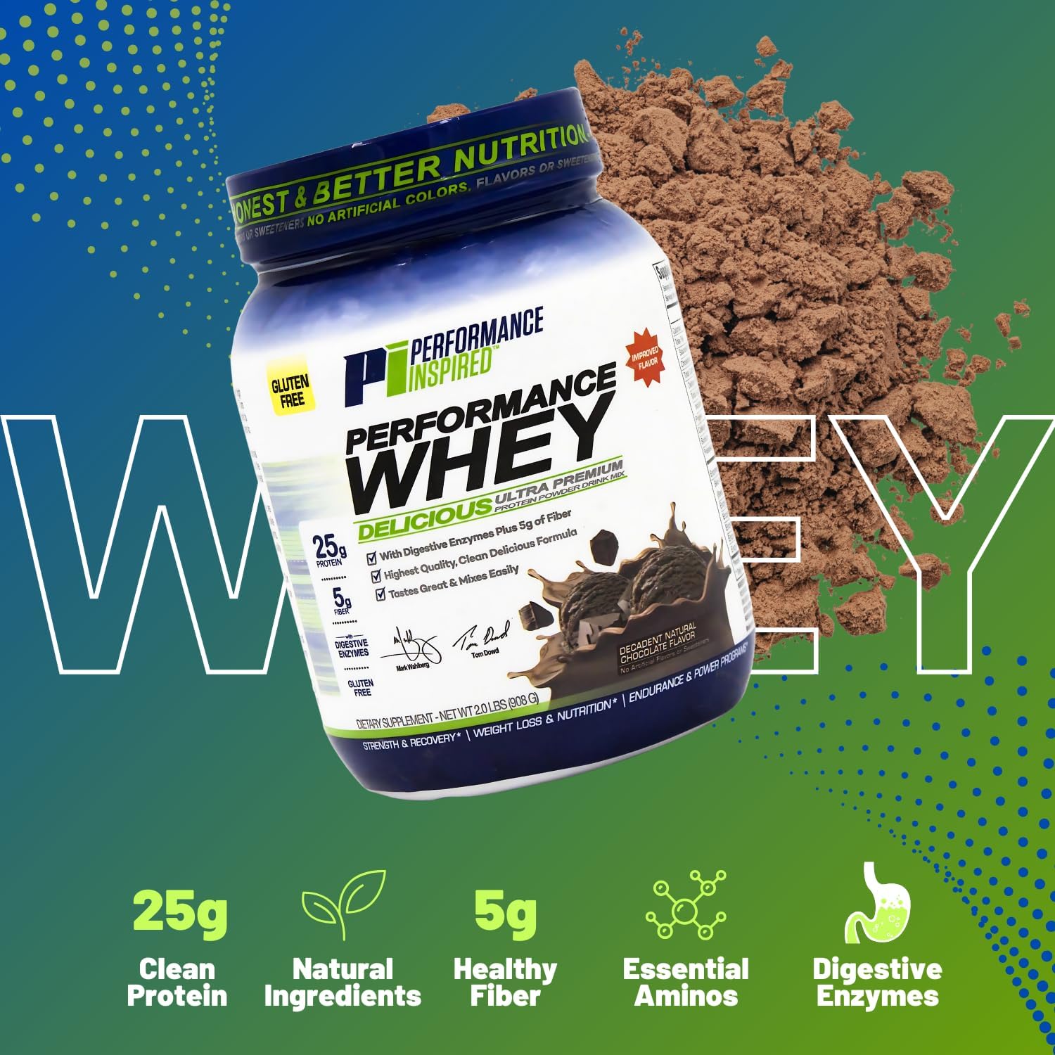 Performance Inspired Nutrition WHEY Protein Powder - All Natural - 25G - Contains BCAAs - Digestive Enzymes - Fiber Packed - Decadent Natural Chocolate – 2 Pounds