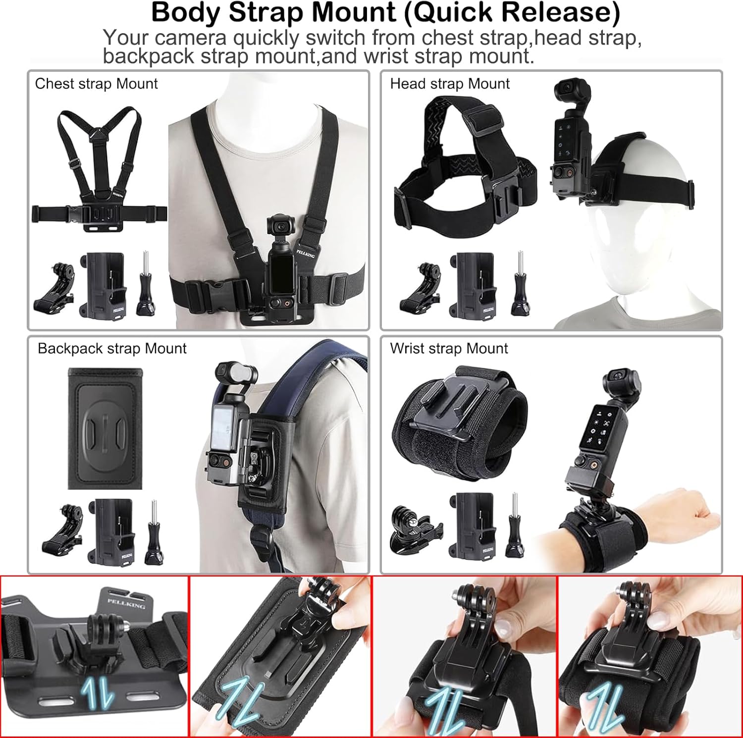 PellKing Accessories Kit for Osmo Pocket 3/Xtra Muse,Included Carrying Case with Belt,135cm Selfie Stick Tripod,Suction Cup,Magnetic Mount,4 Pcs Body Strap Mount,Silicone Base,Mini Tripod and Others