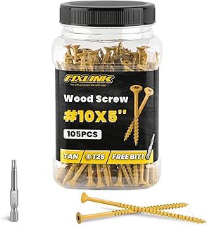 Wood Screws 5 Inch, FIXLINK Deck Screws #10 x 5, 105 PCS, Epoxy Coated, T25 Star Bit Above 1500 Hour Salt Spray Coating Outdoor Decking Screws Excellent Rust Resistant for Wood Fence, Tan