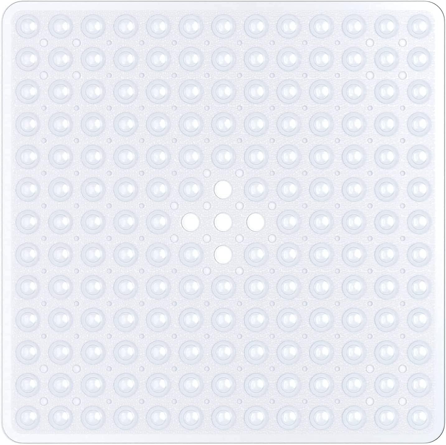 NA/ Square Shower Mat Non Slip Anti Mould - 53 x 53cm/21 x 21inch Anti Slip Shower Mat with Suction Cup, Antibacterial Rubber Bathtub Mat with Drain Holes, Machine Washable, Clear White