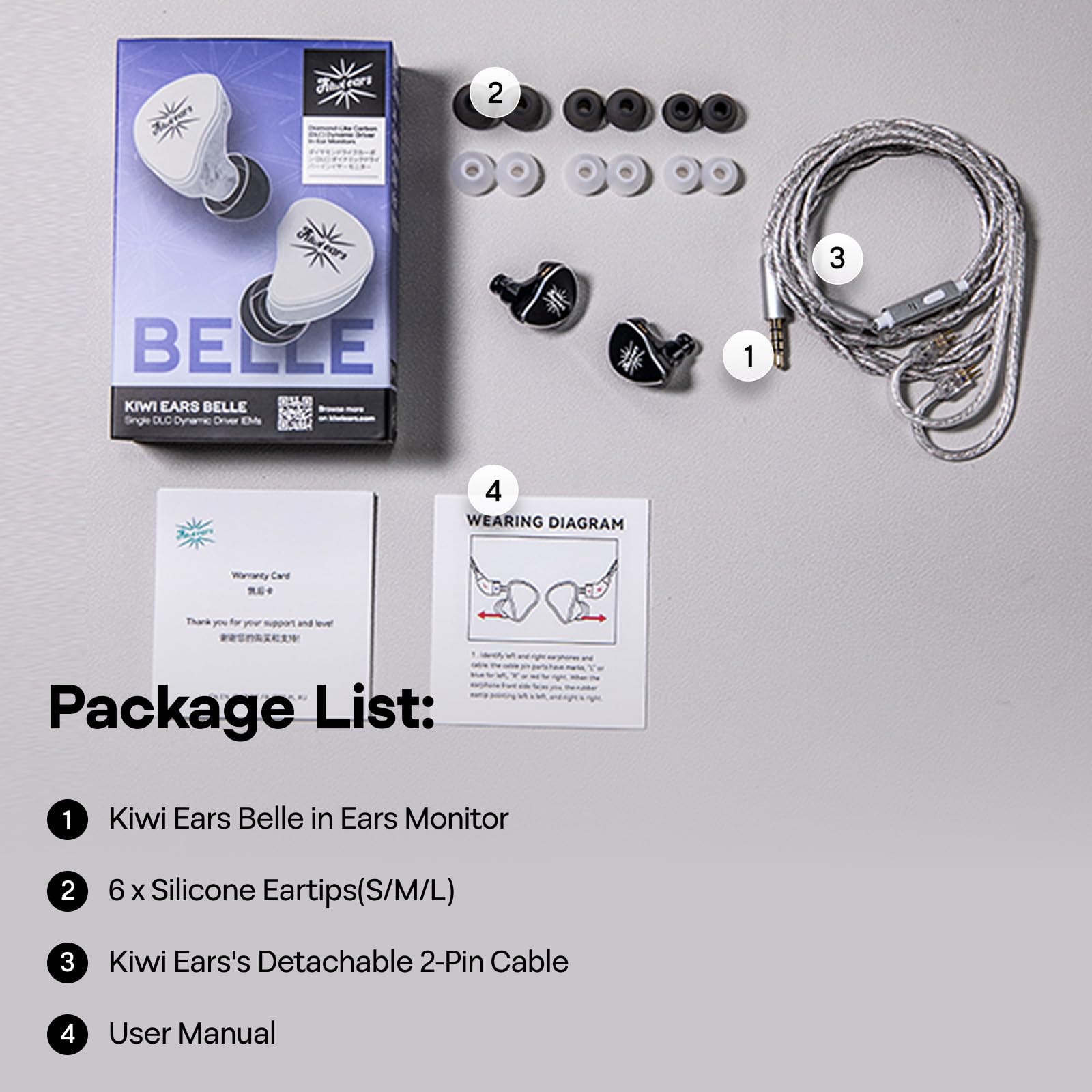 Kiwi Ears Belle słuchawki douszne, 10 mm DLC, przewodowe słuchawki douszne HiFi z odłączanym posrebrzanym kablem 2-pinowym do gier audiofilskich (bez mikrofonu, srebrne)