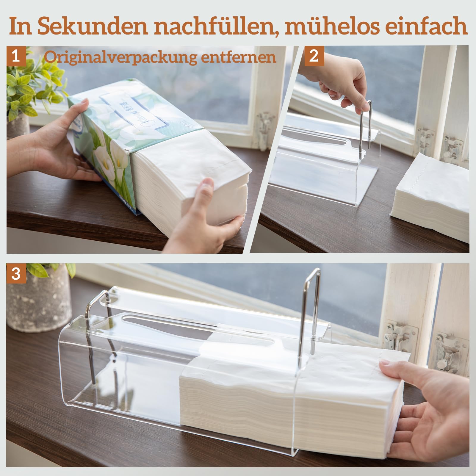 Acryl Kosmetiktücherboxen Rechteckig mit Geschwungenem Design - Dekorativer, Moderner, Kristallklarer Taschentuchspender mit Silbernen Metallakzenten für Wohn-/Büro-Deko
