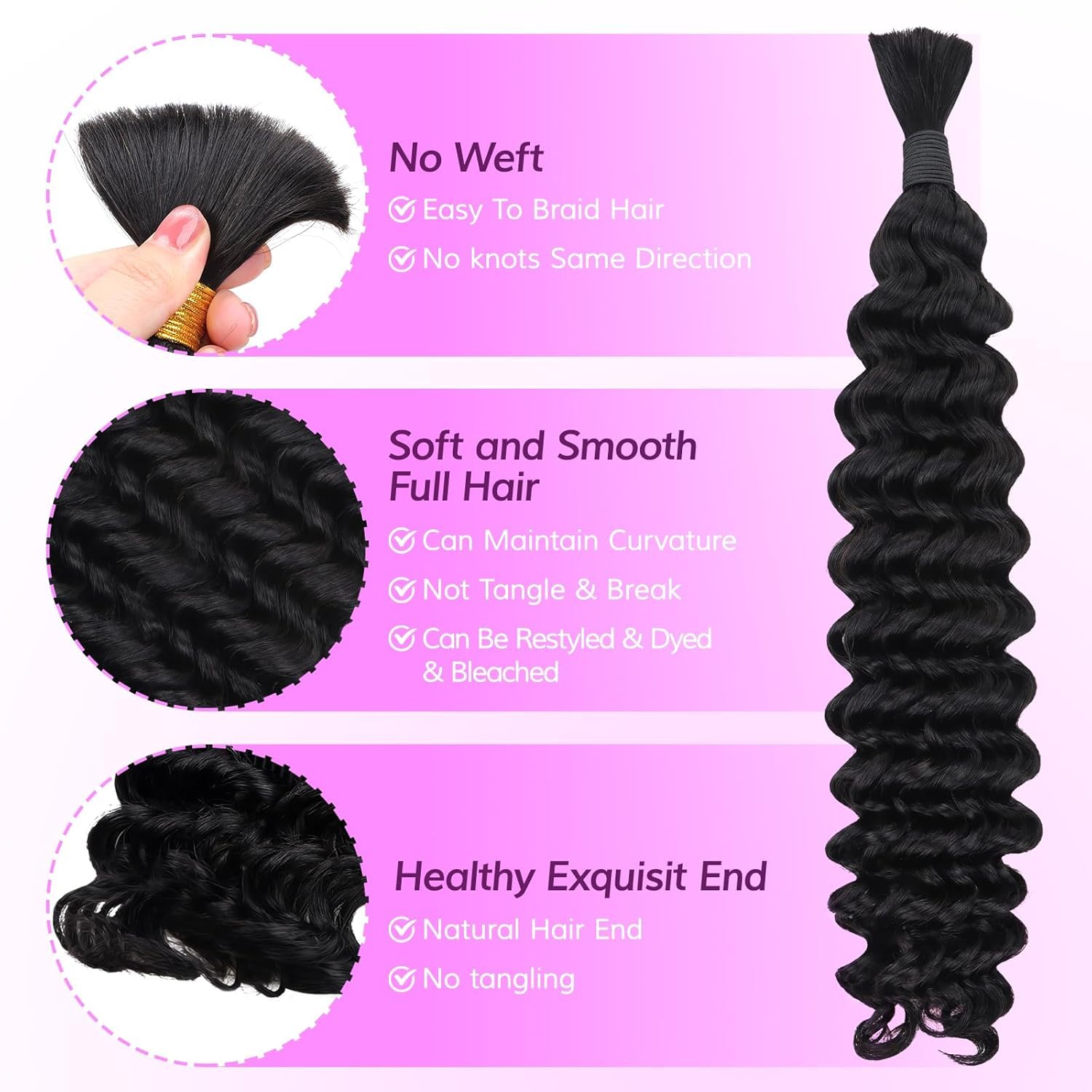 IDN BEAUTY Human Braiding Hair 16 Inch 50g Bulk Boho Hair For Braiding Deep Wave Natural Black Bulk Human Hair For BoHo Braids No Weft 15A Vietnam Virgin Braiding Hair - Image 3