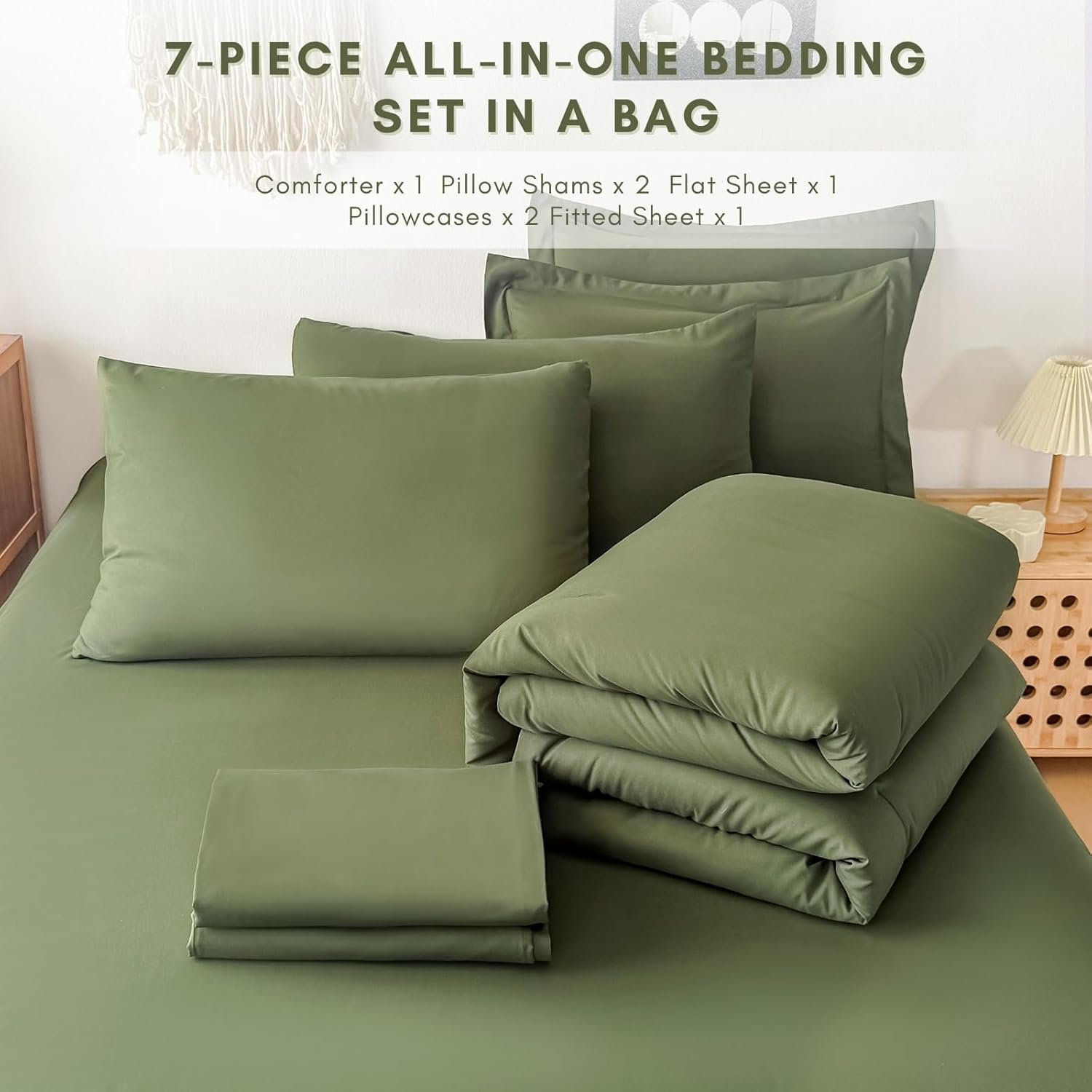 Twin/Twin XL Comforter Duvet Cover Set Olive Green - 7-Piece Bed in a Bag, Festive Gift Double Brushed Micorfiber All-Season Soft Bedding with Sheets & Envelope Pillowcases (68"x88",Twin)