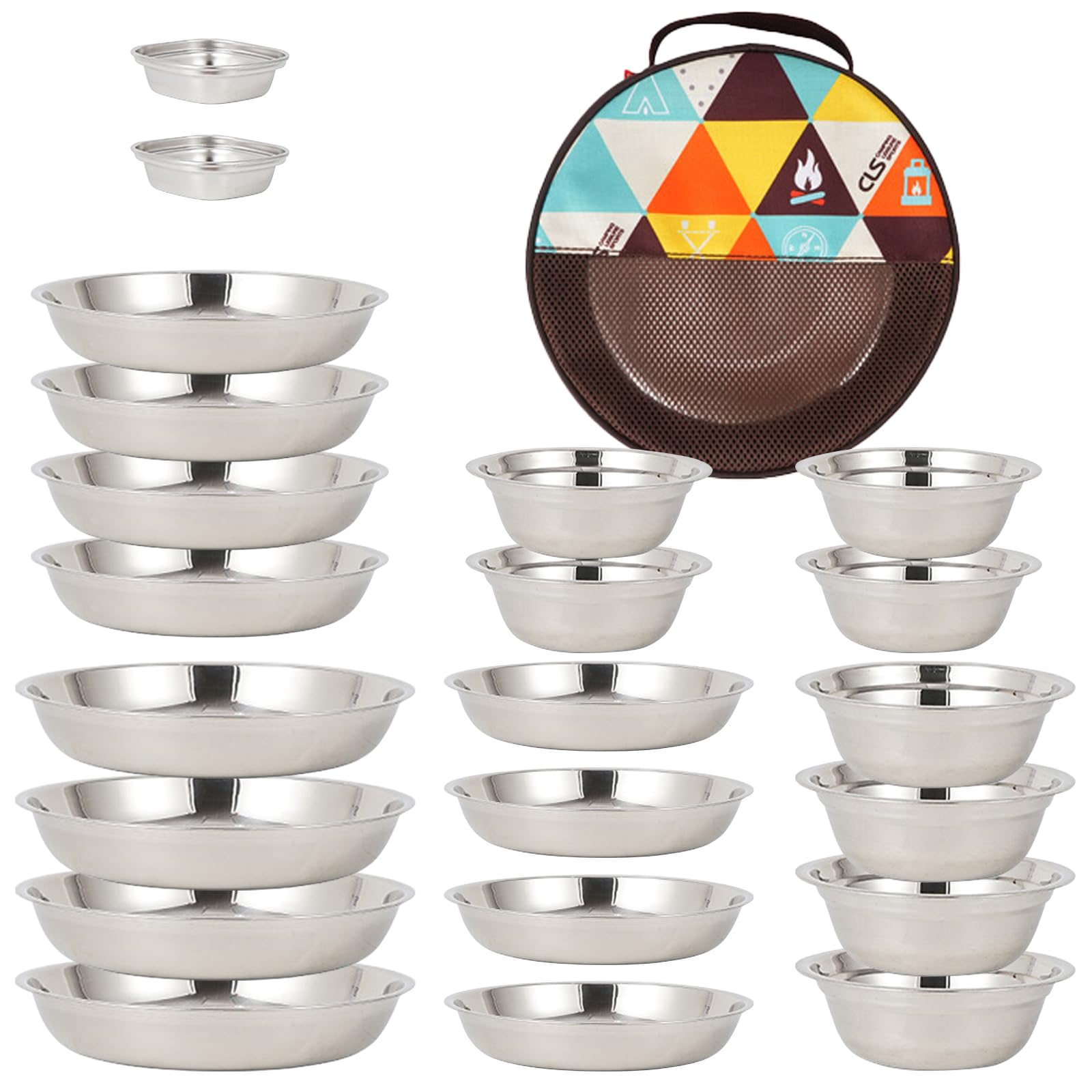22 pezzi di set da campeggio in acciaio inox, set di stoviglie, confezione famiglia con ciotole, piatti, ciotole e borsa per il trasporto portatile, confezione leggera perfetta per campeggio, picnic